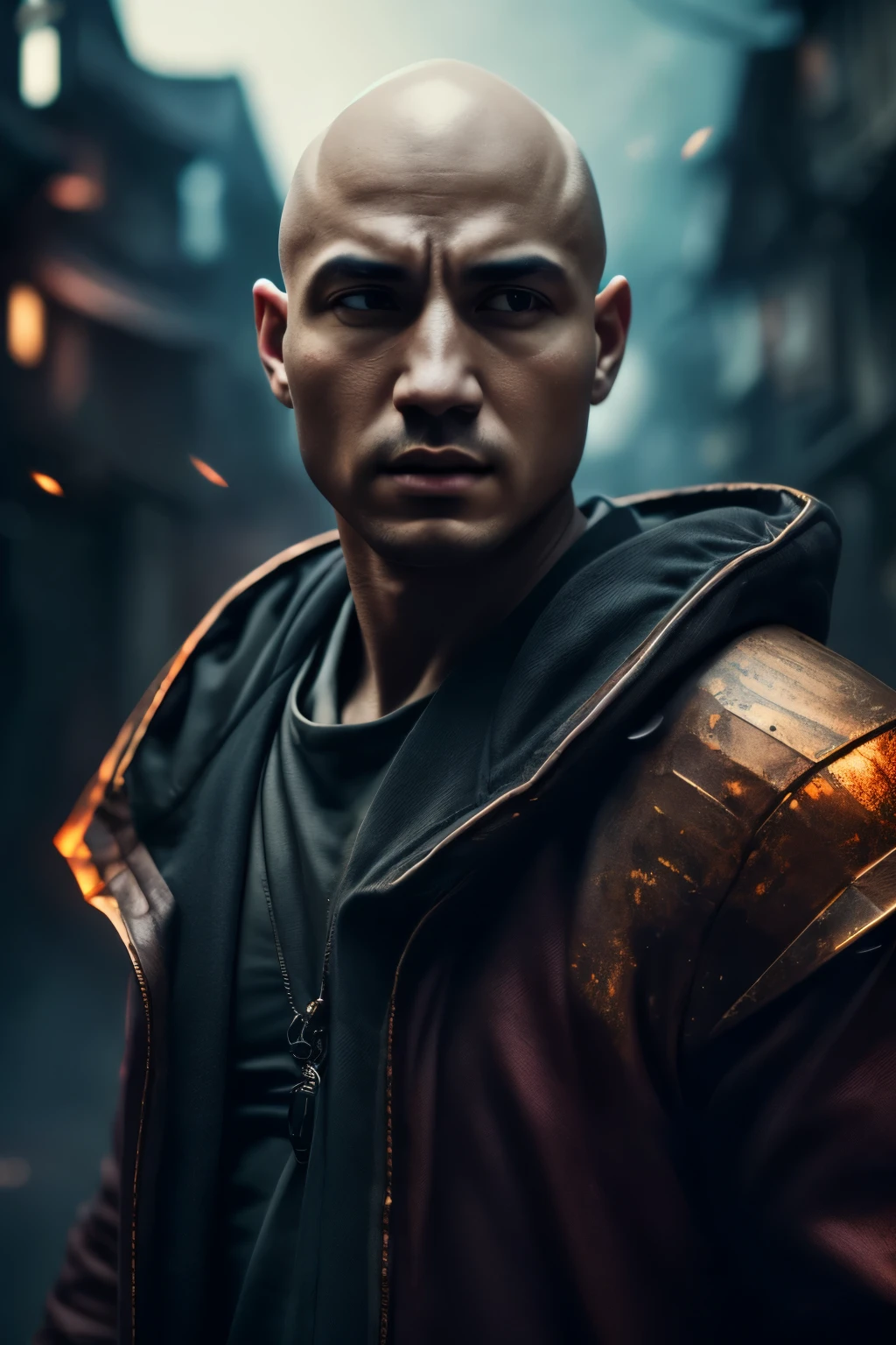 A young bald monk, athletic, European features, in a white fighting gi with platinum trim, energy with a dragon motif swirls around him, he is battling the undead in a village at night. (best quality,4k,8k,highres,masterpiece:1.2),ultra-detailed,(realistic,photorealistic,photo-realistic:1.37),HDR,UHD,studio lighting,ultra-fine painting,sharp focus,physically-based rendering,extreme detail description,professional,vivid colors,bokeh,portraits,landscape,horror,anime,sci-fi,photography,concept artists,dark-toned lighting