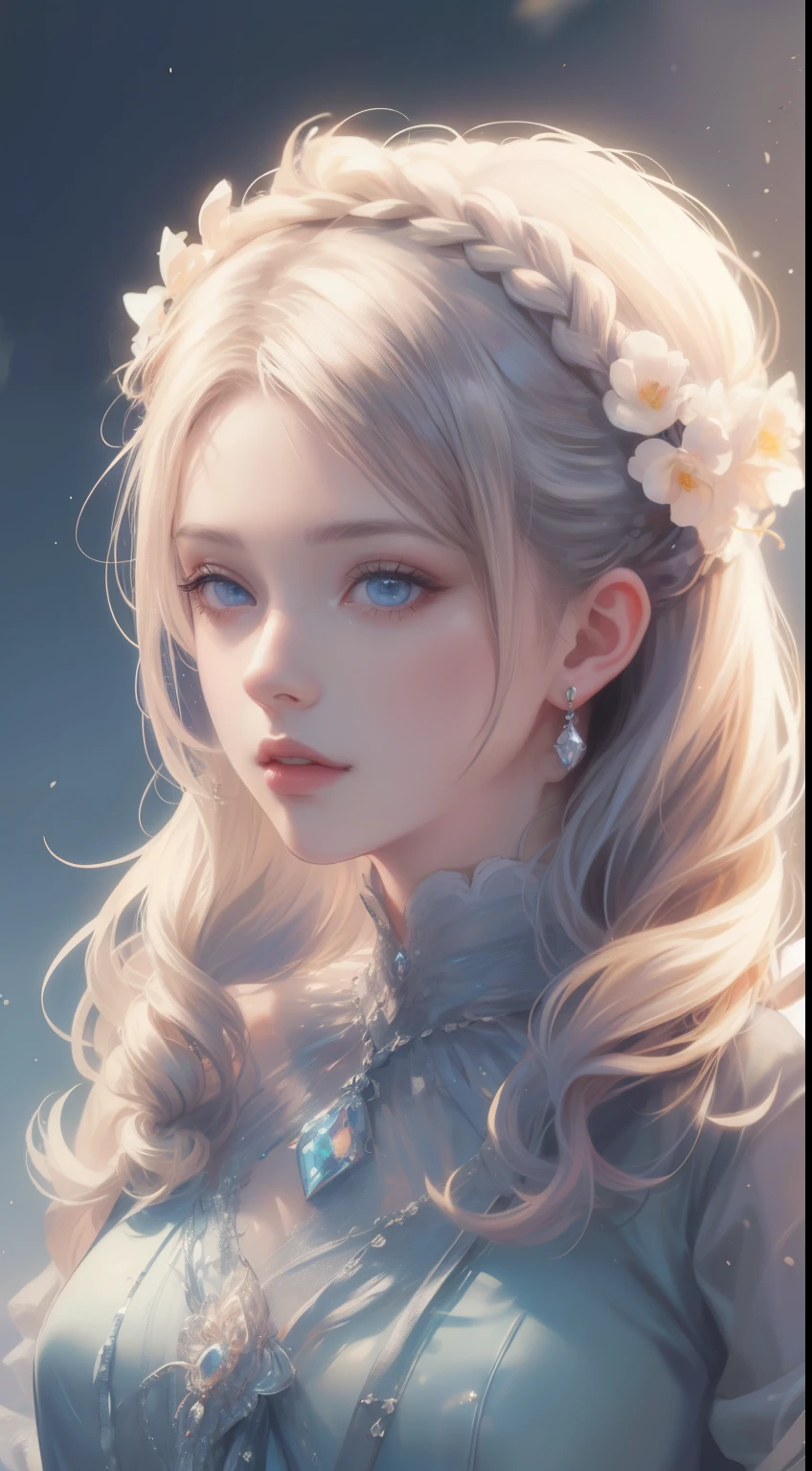 (best quality,masterpiece:1.2),18-year-old noble girl's beautiful portrait,classic braided hair,bright and clear eyes,flower arrangement craft,crystal jewelry,ultra-fine details,soft lighting,portrait style,vibrant colors