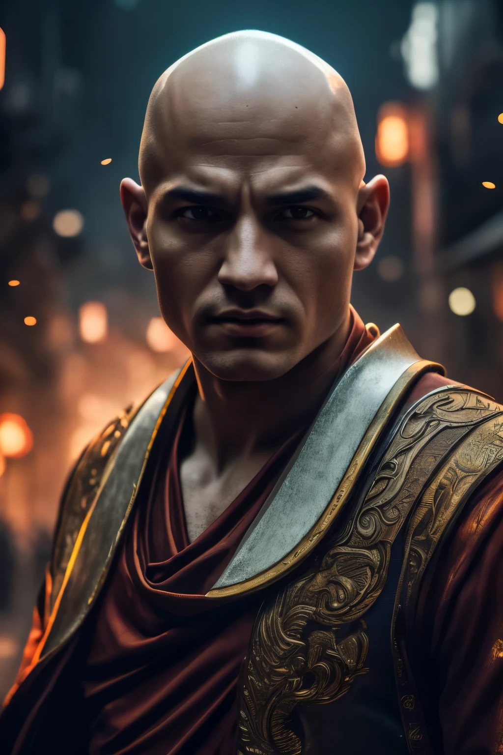 A young bald monk, athletic, European features, in a white fighting gi with platinum trim, energy with a dragon motif swirls around him, he is battling the undead in a village at night. (best quality,4k,8k,highres,masterpiece:1.2),ultra-detailed,(realistic,photorealistic,photo-realistic:1.37),HDR,UHD,studio lighting,ultra-fine painting,sharp focus,physically-based rendering,extreme detail description,professional,vivid colors,bokeh,portraits,landscape,horror,anime,sci-fi,photography,concept artists,dark-toned lighting