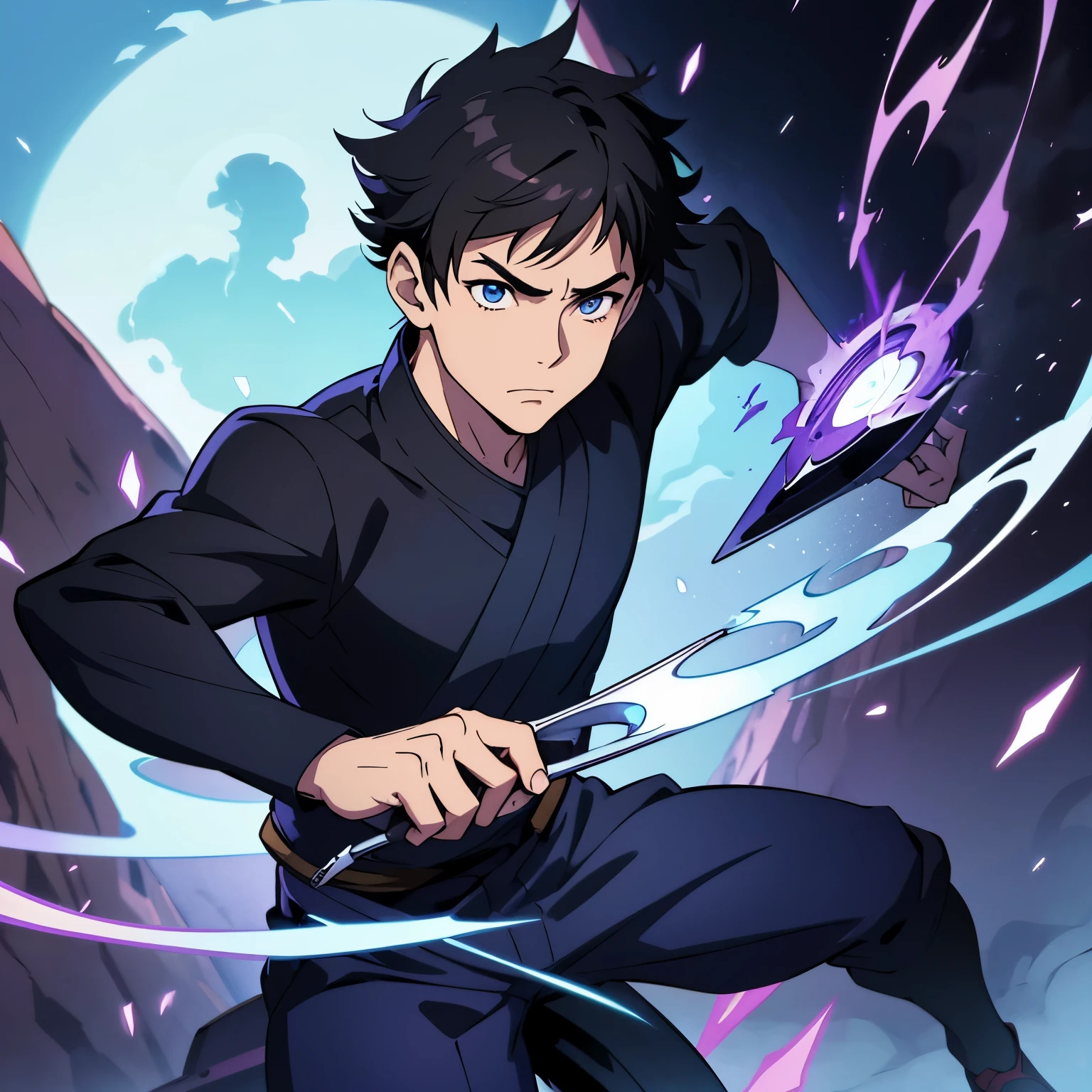 Jujutsu Sorcerer, Male, 16 years old, black short hair, light blue eyes, black and purple clothes