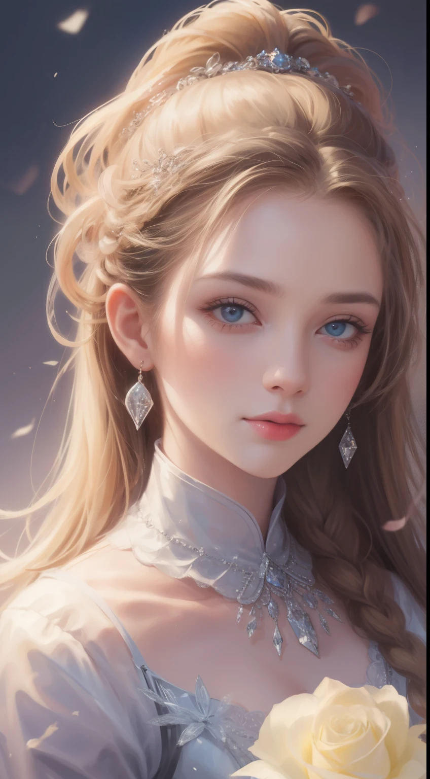 (best quality,masterpiece:1.2),18-year-old noble girl's beautiful portrait,classic braided hair,bright and clear eyes,flower arrangement craft,crystal jewelry,ultra-fine details,soft lighting,portrait style,vibrant colors