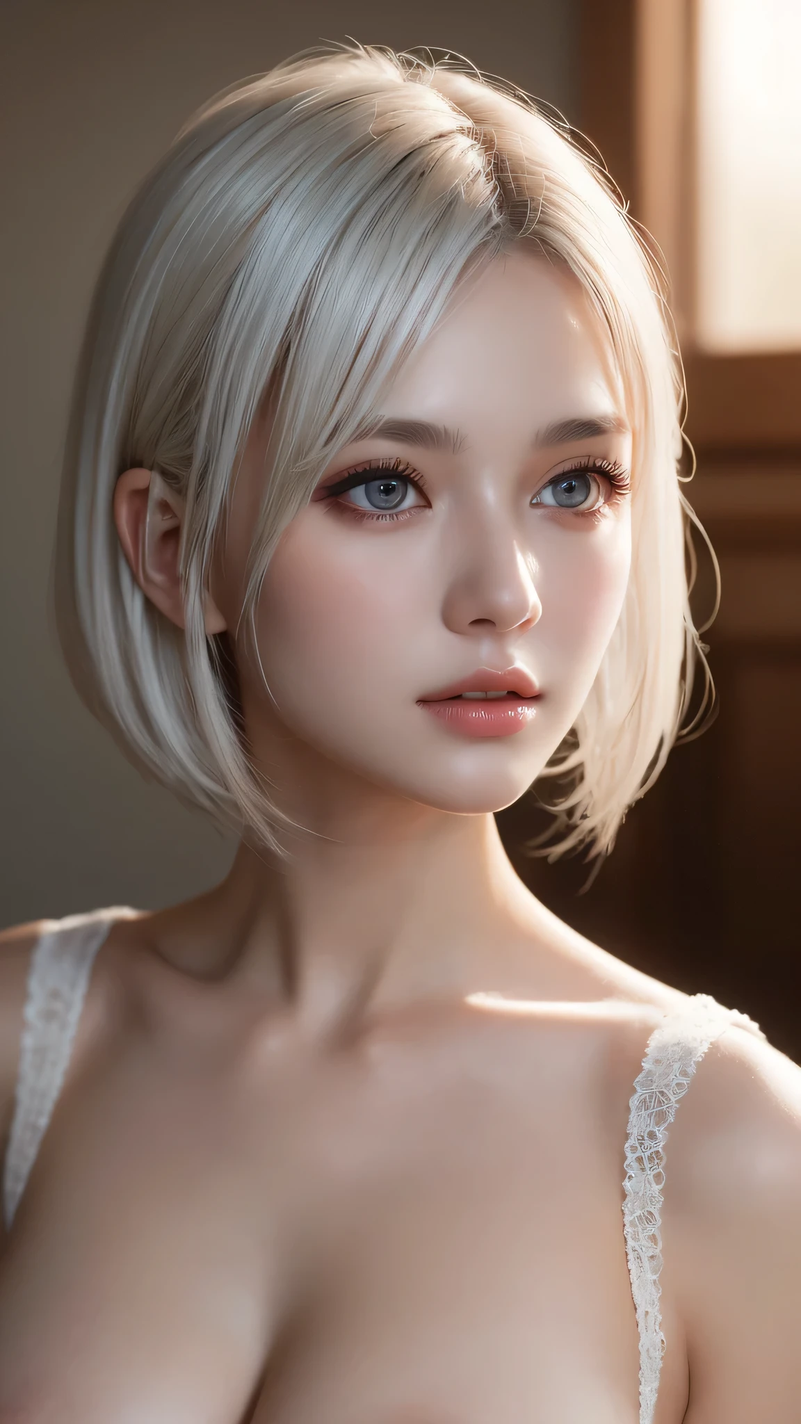 1 girl, (highest quality:1.4), (super detailed), (detailed light), (Highly detailed beautiful face), wonderful face and eyes, gray hair, Beautiful sheer lace details, beautiful breasts, nipple, Highly detailed CG integrated 8k wallpaper, High resolution raw color photos, professional photos, dynamic lighting, Depth of bounds written