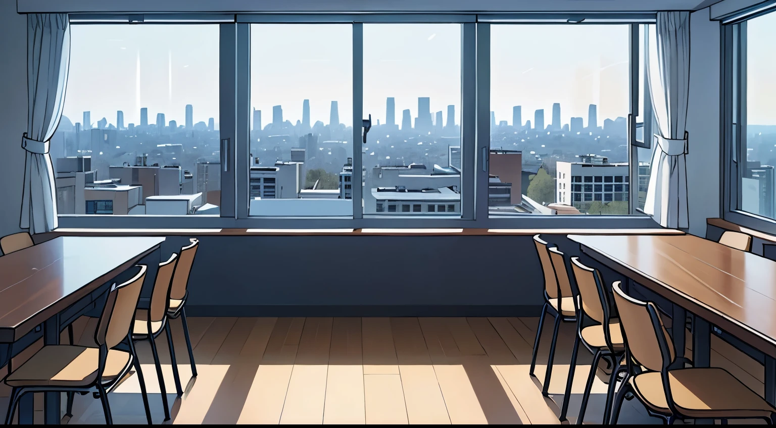 There is a large meeting room with tables and chairs,There is a big window on the side,The view of the city from the window