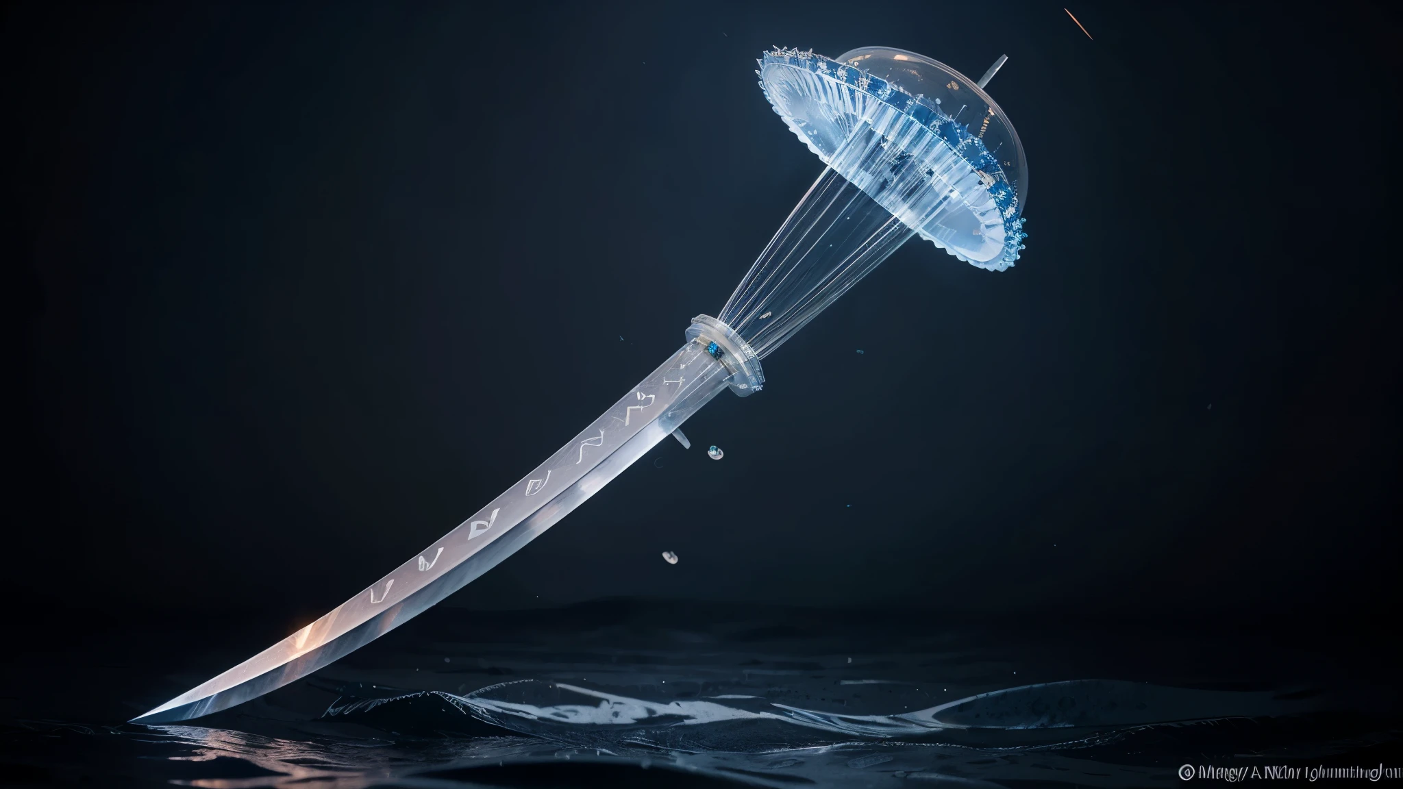 Create an image of a jellyfish-themed sword with a blade resembling the movement of jellyfish in water, a transparent handle inspired by jellyfish structure, a tsuba with a jellyfish shell design, and jellyfish tentacles creating a soft light effect around the blade
