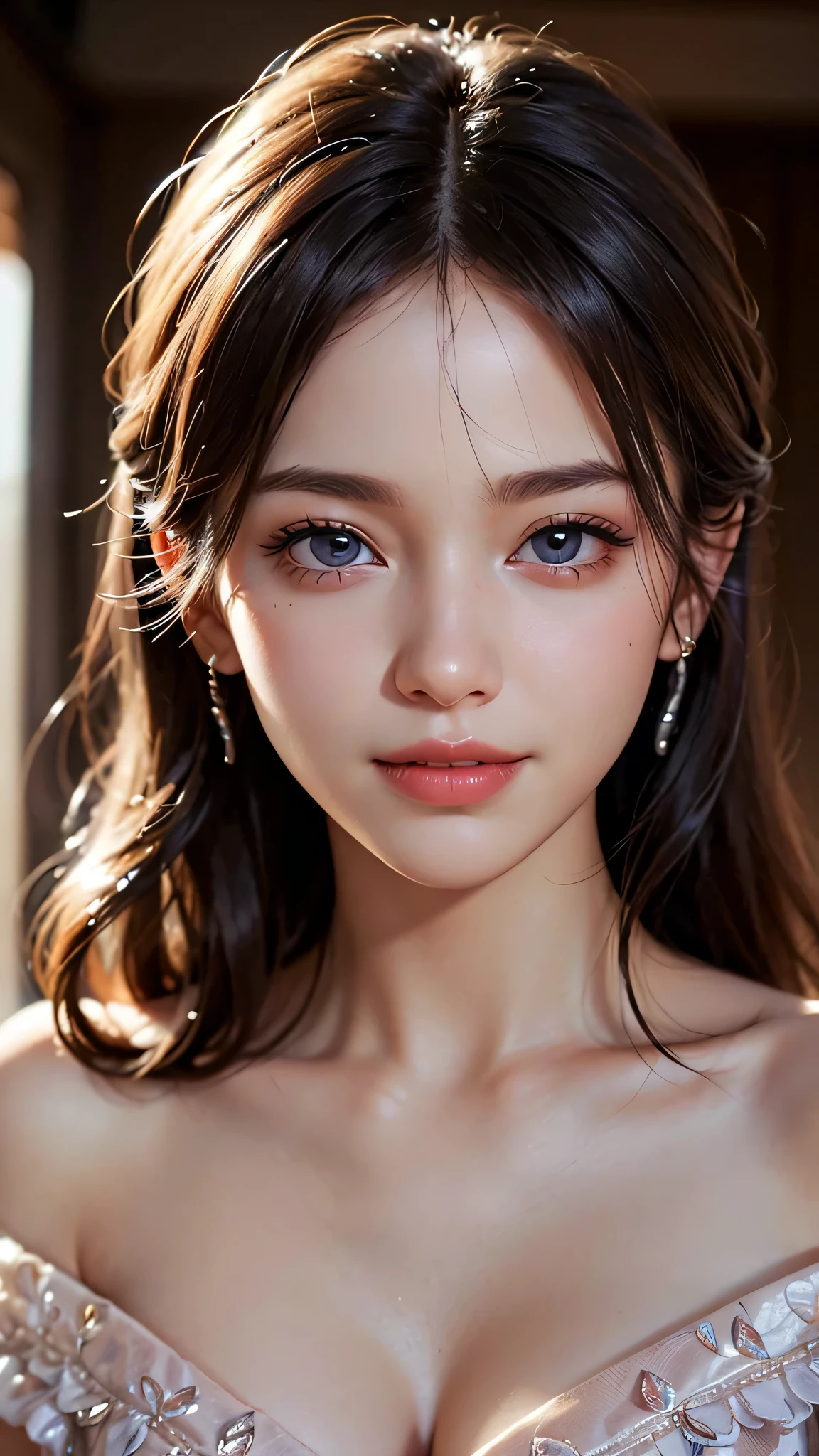 1woman, (Ultra realistic, high res), (highly detailed eyes, highly detailed hair, highly detailed face, highly detailed plump lips), (off shoulder), upper body, caute smile, (best quality:1.4), Raw photo, (realistic, photo-realistic:1.37), professional photography, cinematic light, (fine face: 1.2),