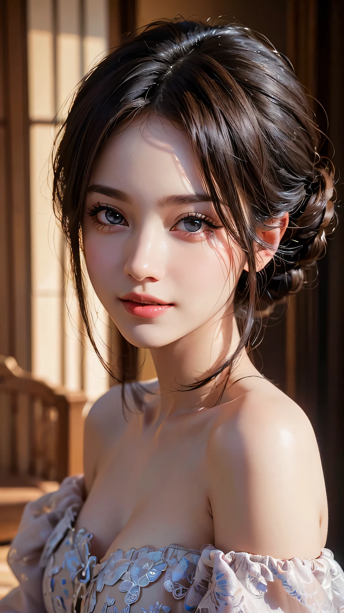 1woman, (Ultra realistic, high res), (highly detailed eyes, highly detailed hair, highly detailed face, highly detailed plump lips), (off shoulder), upper body, caute smile, (best quality:1.4), Raw photo, (realistic, photo-realistic:1.37), professional photography, cinematic light, (fine face: 1.2),