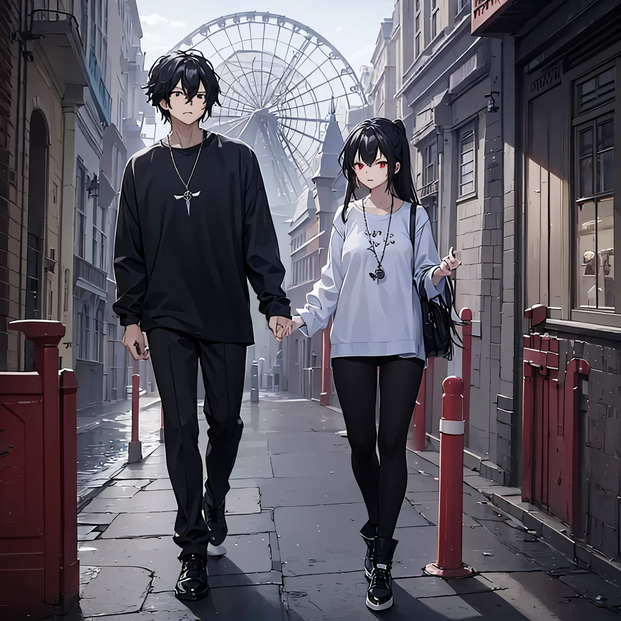 a man in black casual clothes together with his wife (eye red) in an amusement park with a daughter holding their hand