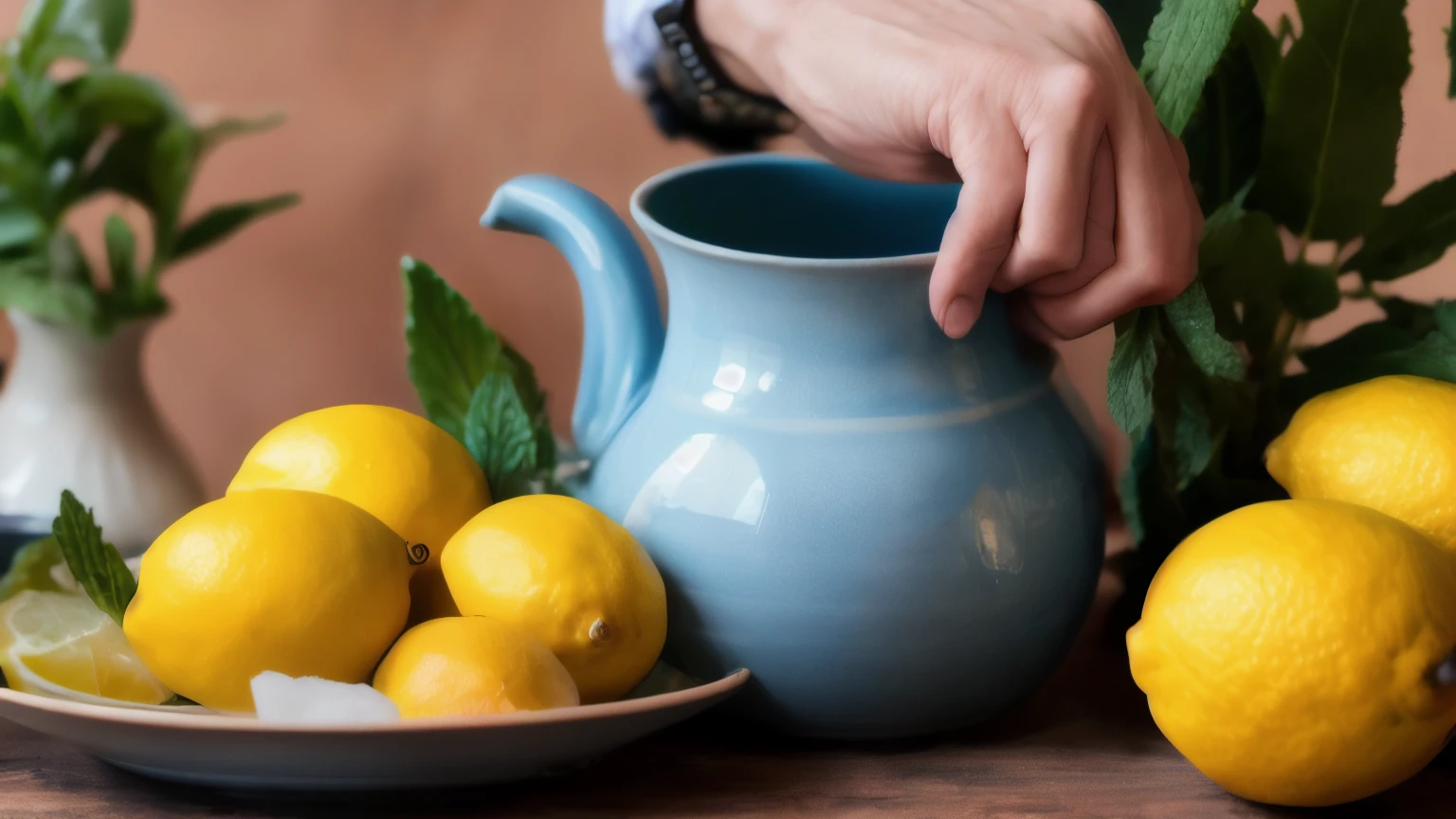 hyper ultra realistic photographs full body of A grandmother's hands lovingly squeeze fresh-picked lemons, the juice filling a pitcher. Beside it, a handful of mint leaves awaits. The scene hints at a generations-old secret recipe for the perfect homemade lemonade. ratio 16:9, 4k, 8k resolution, High quality photo, high detailed, imagesharp focus, Cinematic lighting,hyperdetailed & Unreal engine, detail, realism, photography,cinematography, camera NIKON, lens NIKKOR flagship, masterpiece. hyper-maximalism, ultradetailed photorealistic, light skin imperfections, final render, vray, photo, fashion