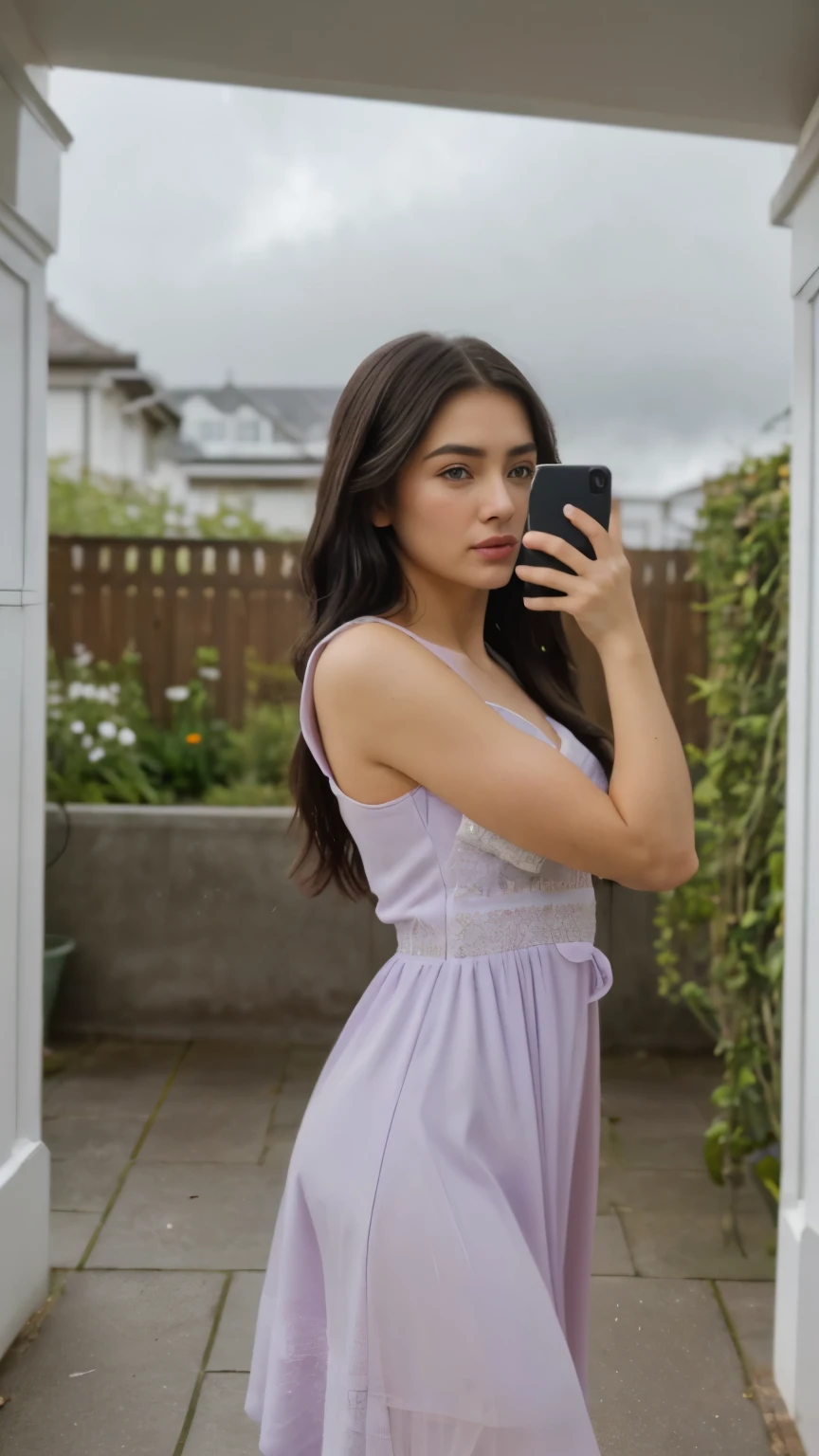 Hyper realistic, head to toe photography, indoors, walking towards the camera, asian girl, far eastern beauty, black hair, very feminine, pretty, elegant, wearing purple pastel  dress, cottagecore, blossoms, flowers, garden, staring directly at the camera, mouth slightly open, talking at to the camera, applied beautiful make up, showing her outfit to the camera, walking towards the camera, embaressed, glamourous, talking at the camera, mouth slightly open, lover, craving, missing him, can see tears, crying, sobbing, intense, shy, coy, timid, scared, nervous, cloudy, clouds, fog, raining, rainbow,  taking a selfie, decent, stunning pose, supermodel, gorgeous, Blonde Beauty, etherial, sweet, modeling, whimsical, selfie pose 、(masterpiece), (realistic), (photorealistic: 1.2), (raw photo: 1.2), (best quality: 1.2), (detailed face: 1.4), (beautiful detailed eyes: 1.2), (detailed hair), pastel colored soft lights, (8k, RAW photo, best quality, masterpiece:1.2), (realistic:1.3), (photorealistic:1.3), ultra-detailed, (high detailed skin:1.2), 8k uhd, dslr, high quality, film grain, Fujifilm XT3, best quality, beautiful lighting, filming a movie