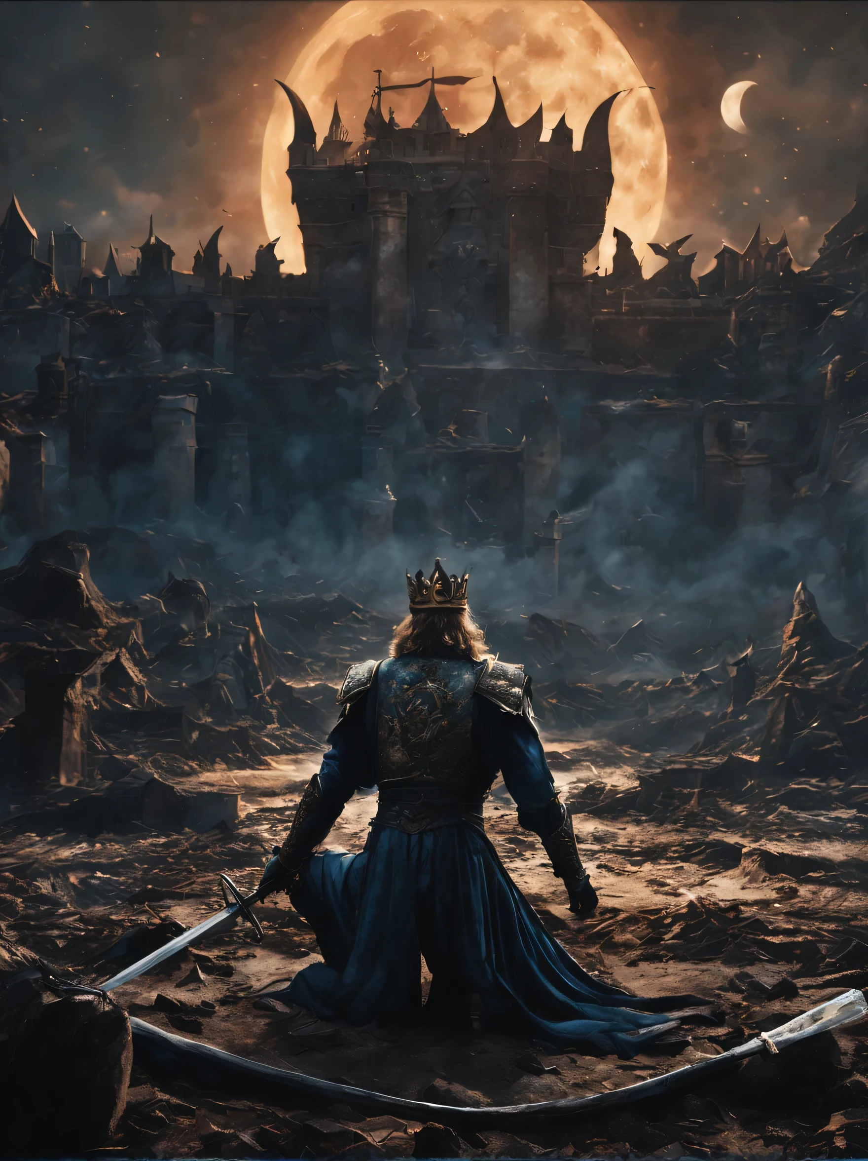 - breathtaking - cinematic realistic scene. The figure of the downcast king knelt down, his hands holding the standing sword, the crown falling on the ground, the backdrop of thrones and collapsed buildings with many swords stuck in the ground. The background of the sky and moon is tense. color: 4 tones vibrant color. highly detailed.