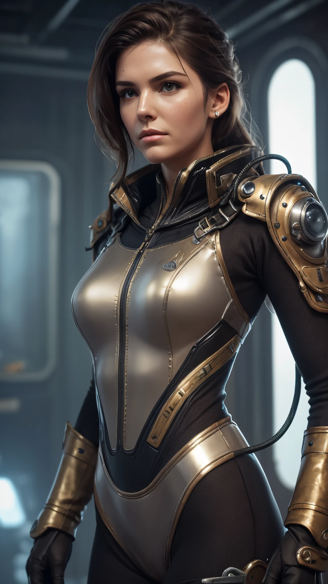 The image of the Alison Tyler as a pilot's girlfriend in a steampunk-style nanosuit on the background of a combat mech. Tired face, parted lips, beads of sweat on his forehead, wet hair. Medium plan, ultra realistic soft textures, high detail, sharp focus. Created using: the mood of relaxation after a hard battle, detailed swinsuit steampunk-style clothing and equipment, mechanisms, wires, shiny metal surfaces and frosted glass, visors, mech combat weapons, soft diffused lighting, realistic texture, reflective surfaces, soft neutral color gamut, Mysterious