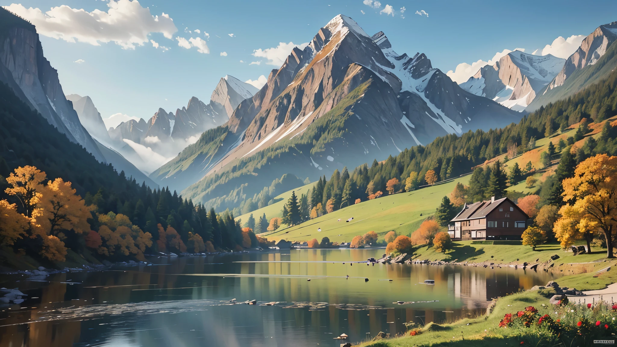 There is a painting of mountain views，There is a house in the distance, scenery artwork, scenery art detailed, digital landscape art, a beautiful artwork illustration, detailed scenery —width 672, anime countryside landscape, 4 k digital painting, 4k digital painting, anime landscape, beautiful digital artwork, detailed digital painting, by Yang J, beautiful digital painting，terrace，autumn，Akiga