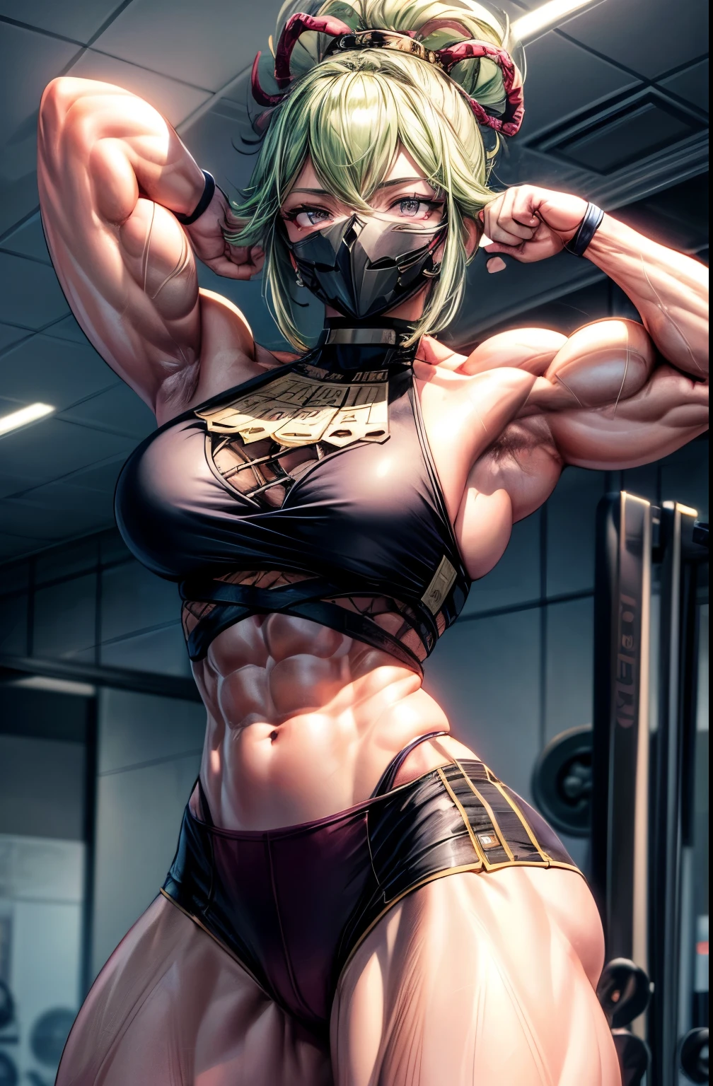 (best lighting) , (Extremely complex and detailed) , 4K unified, (Super detailed CG: 1.2) , (8k: 1.2),(The original), (masterpiece) , (best quality),(masterpiece:1.4),Anime-like high quality,(masterpiece),masterpiece, Super clear picture quality,clearer than,(delicate face)best quality, absurd,((Master of Peace, 4K, 8k, Yes, high resolution))1个girl, female student,Shinobu Kuki,face mask,ninja clothes,Long lavender hair,She was in the gym,Ten strong abdominal muscles,stand up,Crop topping,dense, There are raised veins on the arms,Oversized muscles,The visual sense of muscle explosion,Muscles feel like they're about to explode,The biceps are as big as several steamed buns,spring, boots, Perfect body, silver long hair, dynamic poses,legs exposed,Strong leg muscles ((bodybuilder:1.5)),spring gym,(beautiful bass),(girl),(miss),(((Upper body:1)))Fashionable midriff-baring outfit