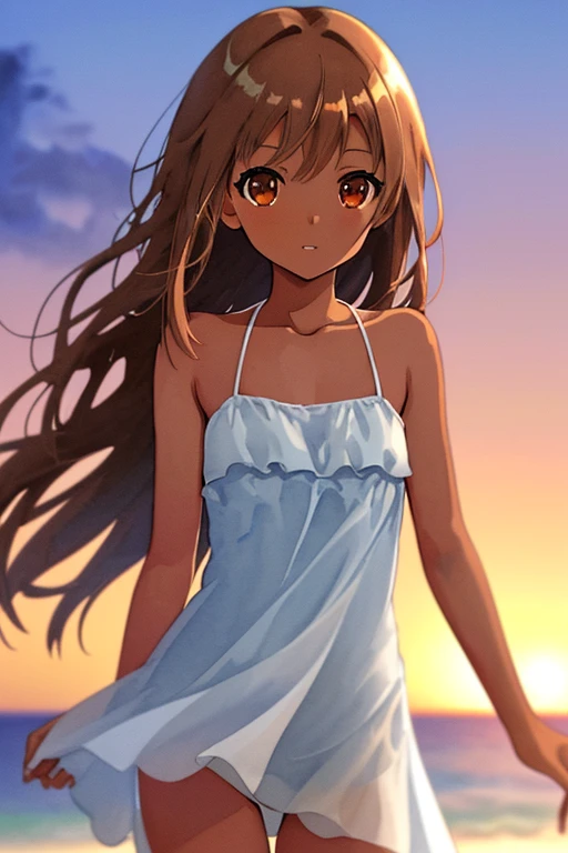 masterpiece, high quality, highres, A girl in a one-piece dress standing on the beach at duskm, The illustration is drawn in watercolor with a pastel color scheme, soft touch color, looking at viewer, portrait, face focus, collarbone, thighs, dark skin, very long brown hair, Each strand of hair is fine, hair between eyes, beautiful and delicate ((brown eye's)), eye's in highlight, catch light eyes, specular highlight eyes, parted_lips, white one-piece dress, okinawa, beach, sunset, magic hour, twilight, bokeh, Blurred Backgrounds, depth of field,