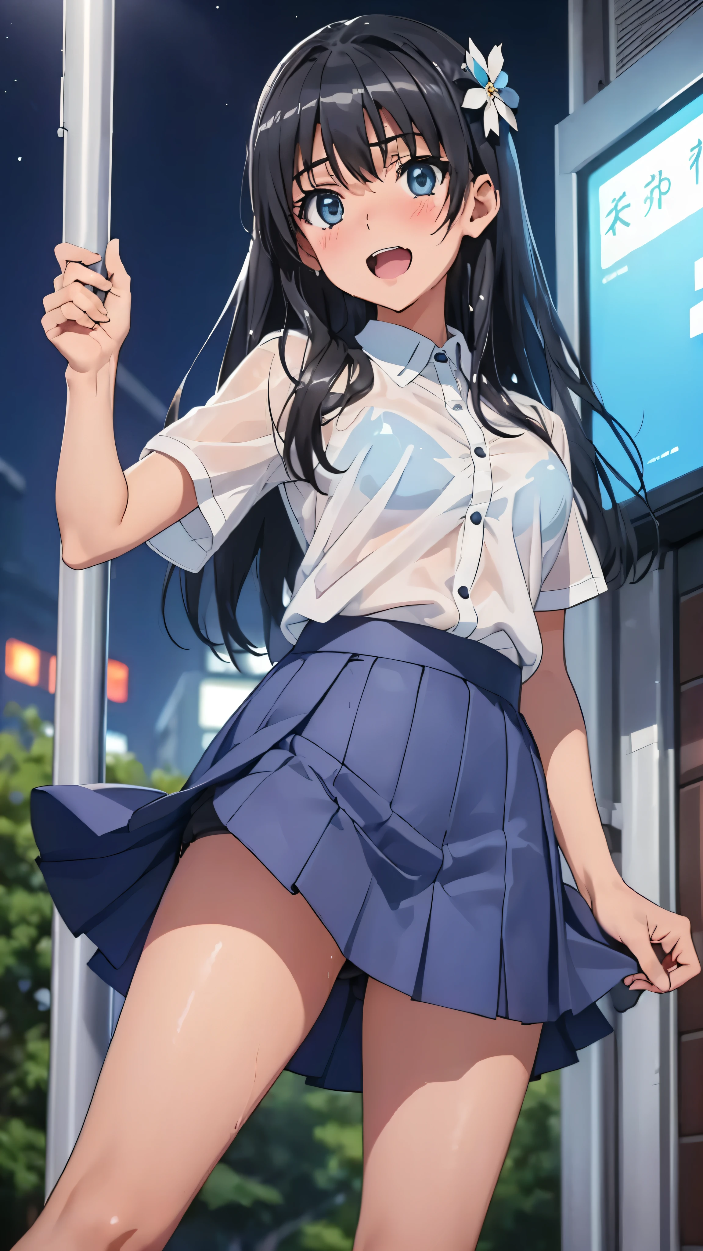 woman,,,city,night,(((white and blue tight miniskirt))),,open mouth smile(())(See-through),((lift the skirt)),((Satin Nariko)),blush、surprised face,((())),(())(wet with sweat)