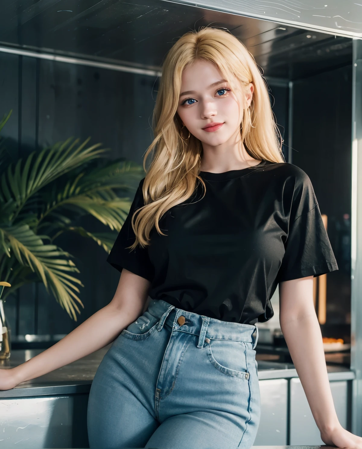 1girl, (Blue Eyes), (smiling :1.2), (Sana Minatozaki), (wide hips), (Big  :1.2), big ass, (Best Quality, 8k, Masterpiece: 1.3), Clear Focus: 1.2, Perfect Body Beauty: 1.4, Highly detailed face and skin texture, detailed eyes, double eyelids, (blonde long hair :1.2), (tight black t-shirt :1.3), (jeans), standing, dynamic pose, in a bar on the beach