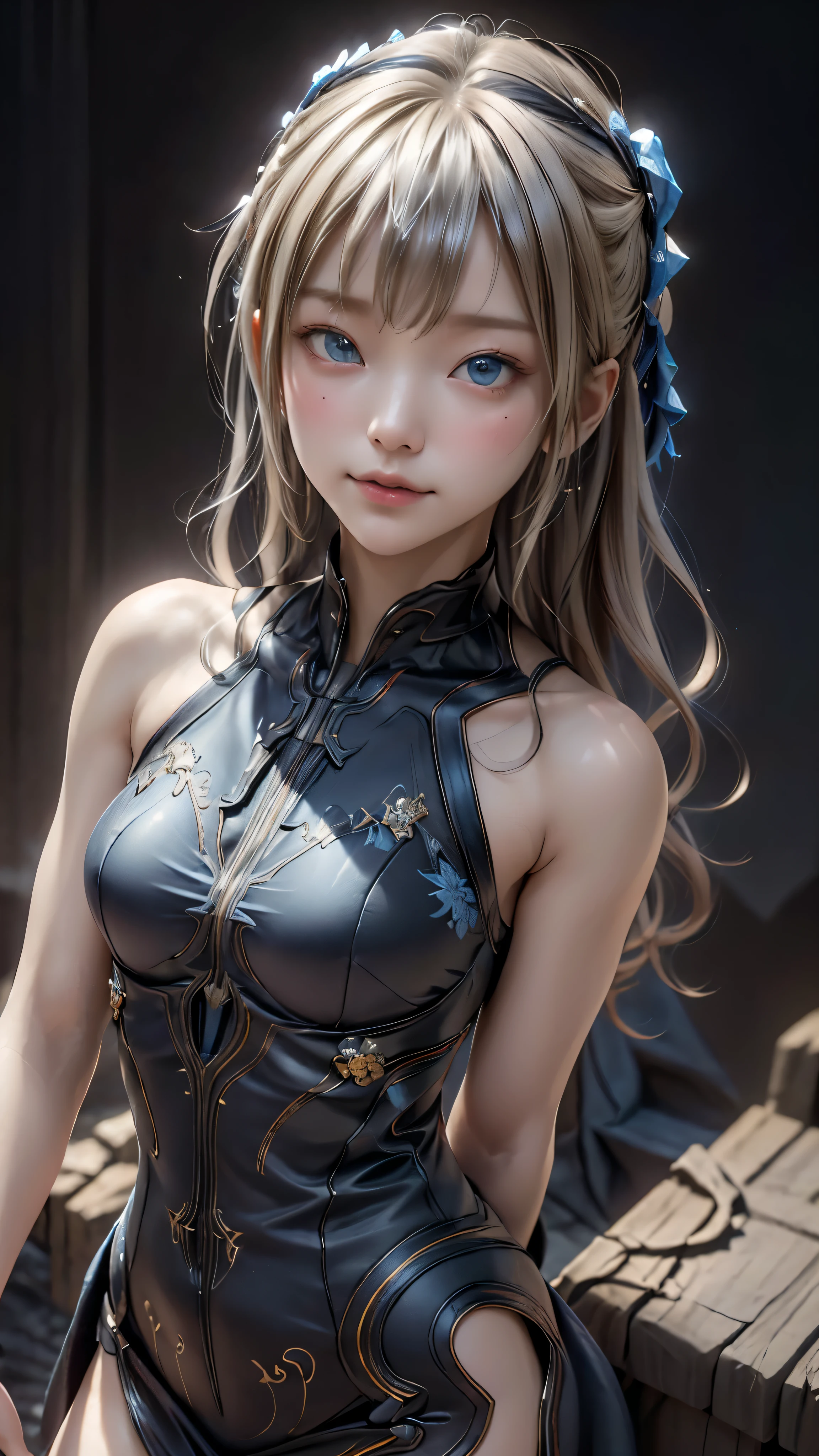 ((highest quality)), ((masterpiece)), (be familiar with:1.4), 3D, Image of a beautiful woman in a Chinese dress,nffsw(high dynamic range),ray tracing,NVIDIA RTX,super resolution,unreal 5,scattered below the surface,PBR texturing,Post-processing,anisotropic filtering,written boundary depth,maximum clarity and sharpness,multilayer texture,Albedo and specular maps,surface shading,Accurate simulation of light-matter interactions,perfect proportions,octane rendering,two-tone lighting,wide aperture,Low ISO、White balance、Rule of thirds、8,000 students、((straight long hair))(((white and blue cheongsam)))(((blonde)))((12 years old))(())