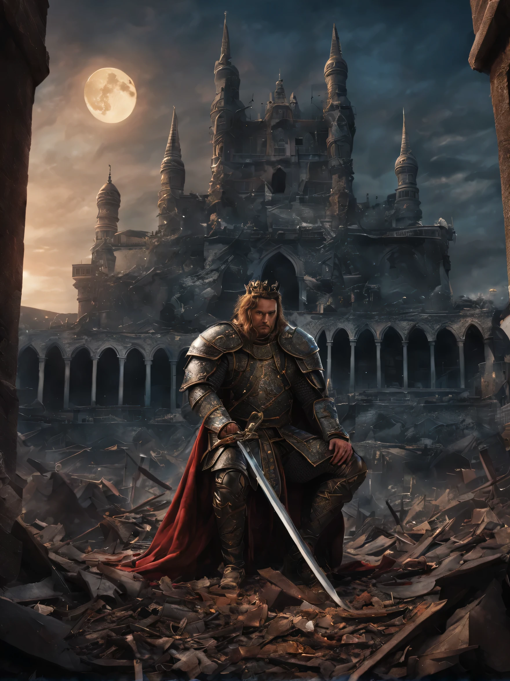 - breathtaking - cinematic realistic scene. The figure of the downcast king knelt down, his hands holding the standing sword, the crown falling on the ground, the backdrop of thrones and collapsed buildings with many swords stuck in the ground. The background of the sky and moon is tense. color: 4 tones vibrant color. highly detailed.