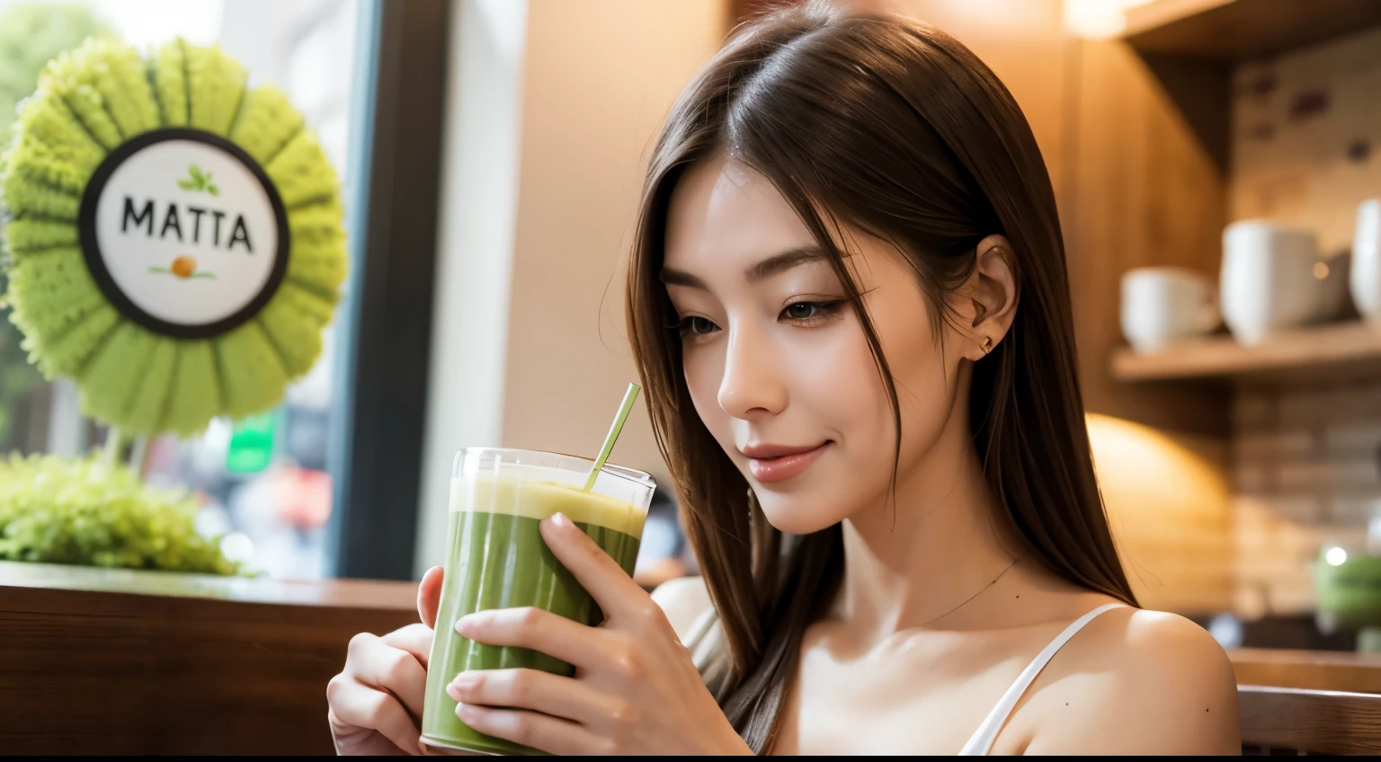 Woman holding a matcha latte, neat image