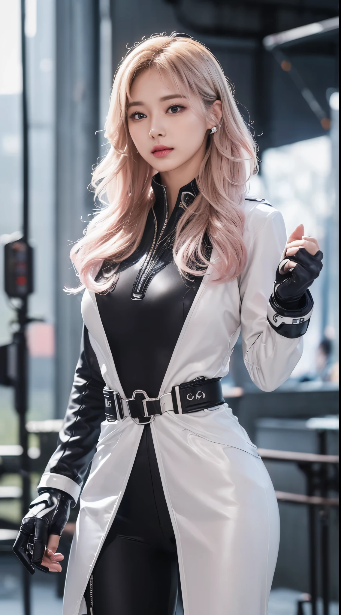 Top Quality, Ultra High Definition, (backlight), (Photorealistic: 1.4), (front shot:1), 1 Beautiful Girl, (Kpop Idol), Detailed Face, (Hair Style: Pink:1, fullbang, wavy-hairstyle:1), Contrapposto, Perfect Anatomy, muscular and plump:0.5, wavy hair, Natural Lighting, ((wearing Futuristic Police Racing Suits, police wappen, High-tech Headset, military harness, racing gloves, handgun)), outside honey wavy hairstyle, (Cloths colors based on silver pink black white), (background, crashed abandoned machines, smokes, indoor space),