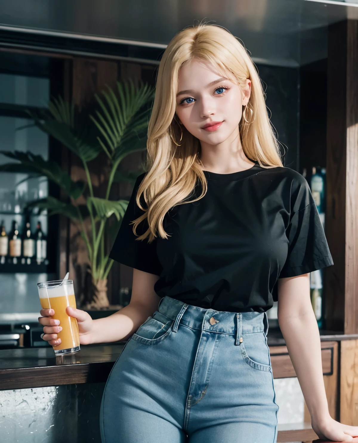 1girl, (Blue Eyes), (smiling :1.2), (Sana Minatozaki), (wide hips), (Big  :1.2), big ass, (Best Quality, 8k, Masterpiece: 1.3), Clear Focus: 1.2, Perfect Body Beauty: 1.4, Highly detailed face and skin texture, detailed eyes, double eyelids, (blonde long hair :1.2), (tight black t-shirt :1.3), (jeans), standing, dynamic pose, in a bar on the beach