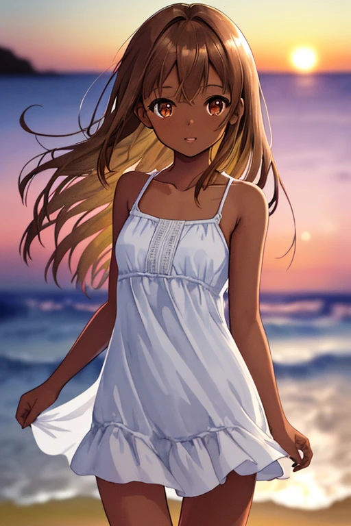 masterpiece, high quality, highres, A girl in a one-piece dress standing on the beach at duskm, The illustration is drawn in watercolor with a pastel color scheme, soft touch color, looking at viewer, portrait, face focus, collarbone, thighs, dark skin, very long brown hair, Each strand of hair is fine, hair between eyes, beautiful and delicate ((brown eye's)), eye's in highlight, catch light eyes, specular highlight eyes, parted_lips, white one-piece dress, sleeveless, okinawa, beach, sunset, magic hour, twilight, bokeh, Blurred Backgrounds, depth of field,