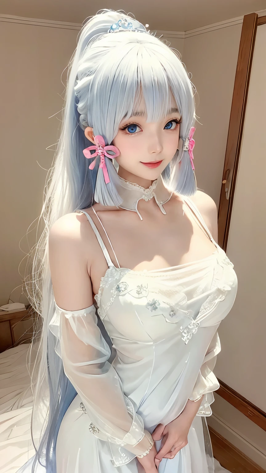 from above, ((best quality)), ((masterpiece)), (detail), 1 sister,smile very happily,She is wearing a transparent white lace nightgown, exposing the shoulders and navel, Fits closely to the body,Highlight graceful curves. Her skin was as white as ivory,soft and smooth to the touch. Her branded hair is straight and shiny,white hair,high ponytail,Pink hair accessories,Her long hair hangs down on her head, Her figure looks more beautiful. Her eyes were big and deep,indigo. Her lips are painted with cherry-colored lipstick,Plump and prominent。. Her figure is a bit mysterious,Just look at the audience. she is a minimalist, Standing by the lake, Her face is beautifully trimmed,The eyes and nose are clear. Big blue eyes exude a deep and subtle ligh fascinating。. Her hair was long and shiny, And her elegant beauty enhances her charm. Her mouth is small, Her lips are beautifully shaped,sparkling. Her skin is smooth and very beautiful, almost silky. She and she are both older, And her slender waist,The lines are very soft,once very beautiful. , (, Huge big breasts, Huge big breasts, :1.2)