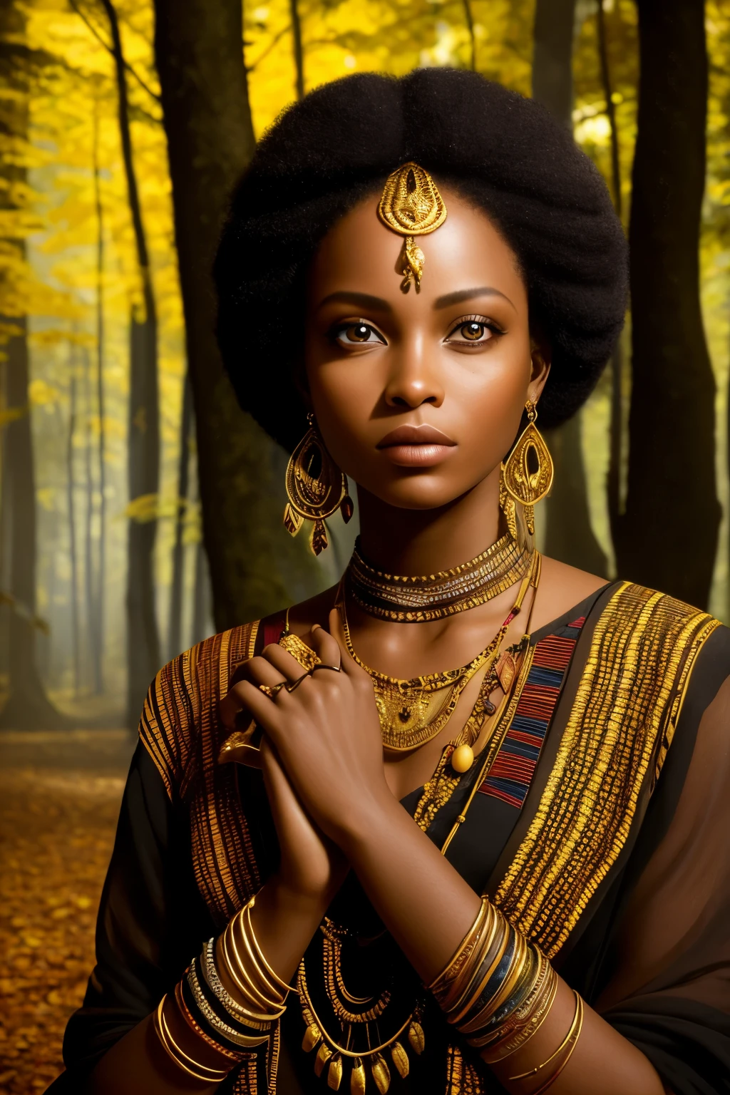In the heart of an African forest, a stunningly beautiful woman dressed in authentic African attire stands amidst the autumn-like falling leaves. The intricate designs of her face and hands, rendered in awe-inspiring African tattoos, add an extra dimension to her ethereal beauty. The scene is bathed in a chiaroscuro effect, with the interplay of light and shadow evoking a sense of mysticism and wonder.
This hyperrealistic image, rendered in stunning 32k Ultra HD using Unreal Engine, boasts an exquisite level of detail and texture that brings the forest surroundings to life. The cinematic lighting bathes the woman in a golden glow, creating