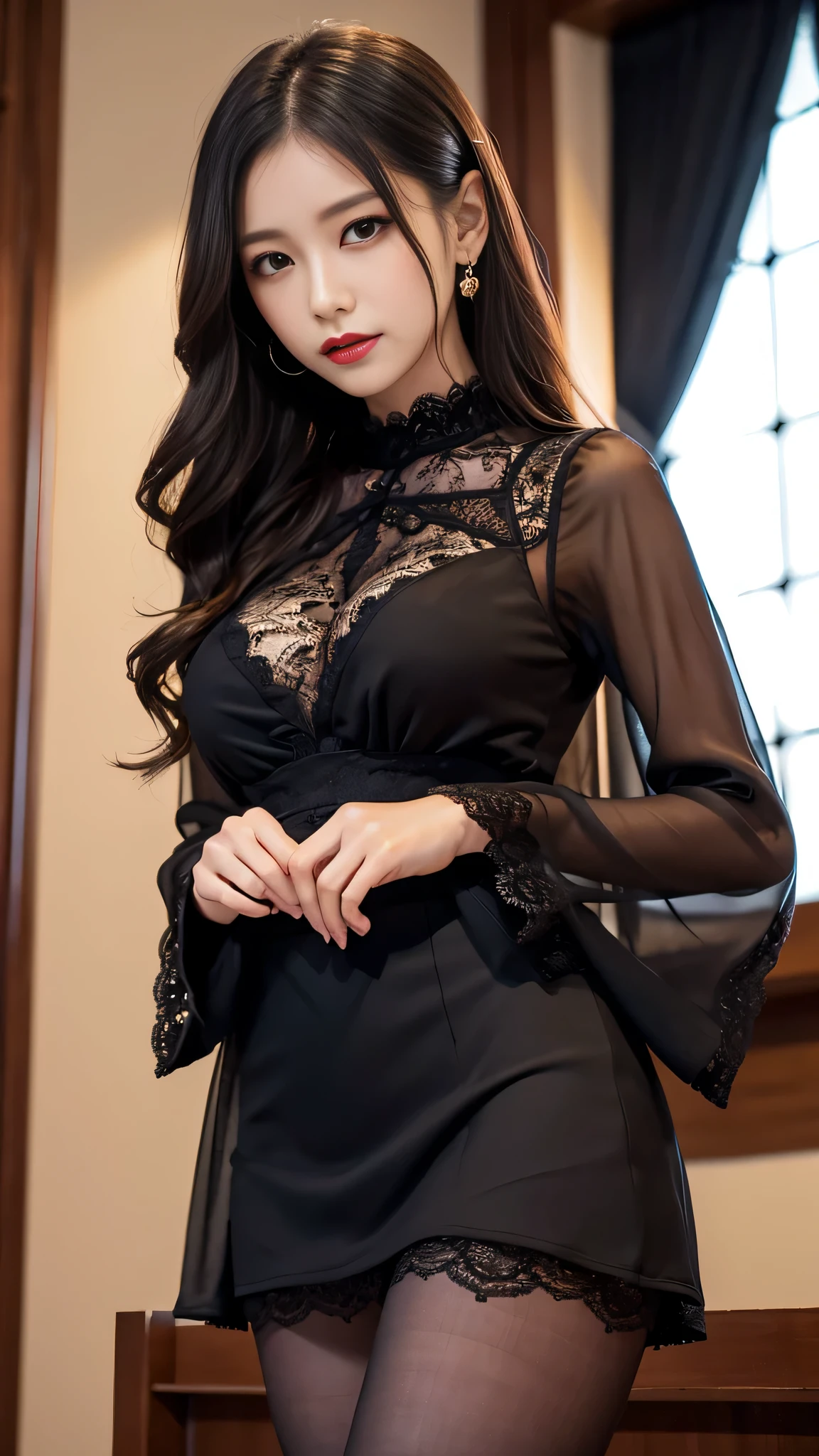 Super detailed、Japanese、charming beauty、seductive adult woman、Dainty woman、sharp eyes、cool girl、wavy hair、suit、Black chiffon、lacy fabric、wide sleeve、wearing a lace insert dress、white blouse、Tight Skirt、flower pantyhose、Shiny legs、evilの幹部、evil depravity、brainwashing、Mind control、lipstick、grin、邪evilなな表情、evil、empty eyes、邪evilな、Church at night、reach out