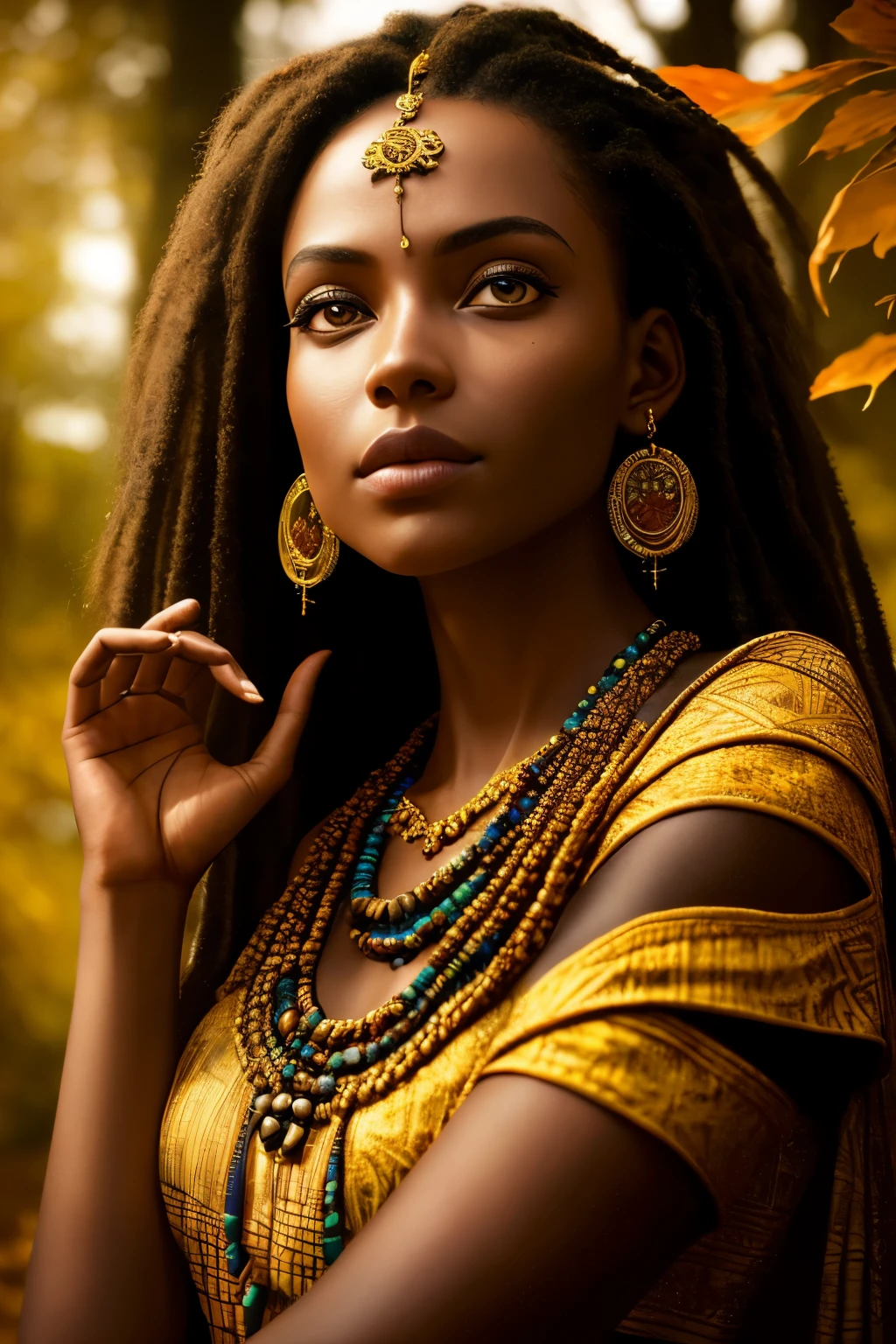 In the heart of an African forest, a stunningly beautiful woman dressed in authentic African attire stands amidst the autumn-like falling leaves. The intricate designs of her face and hands, rendered in awe-inspiring African tattoos, add an extra dimension to her ethereal beauty. The scene is bathed in a chiaroscuro effect, with the interplay of light and shadow evoking a sense of mysticism and wonder.
This hyperrealistic image, rendered in stunning 32k Ultra HD using Unreal Engine, boasts an exquisite level of detail and texture that brings the forest surroundings to life. The cinematic lighting bathes the woman in a golden glow, creating