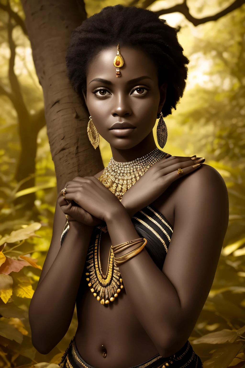 In the heart of an enchanting African forest, a stunningly beautiful woman adorned in authentic African clothing and intricately designed tattoos on her face and hands stands with grace. The forest comes alive as leaves fall gently, heralding the arrival of autumn. The scene is rendered in a mesmerizing black and white color grading, adding a touch of timeless elegance to the hyperrealistic image.

The chiaroscuro effect skillfully plays with light and shadow, creating a captivating contrast between the woman and her surroundings. This ultrahigh definition masterpiece, crafted using Unreal Engine, boasts a resolution of 32k and ultra HD quality. The cinematic