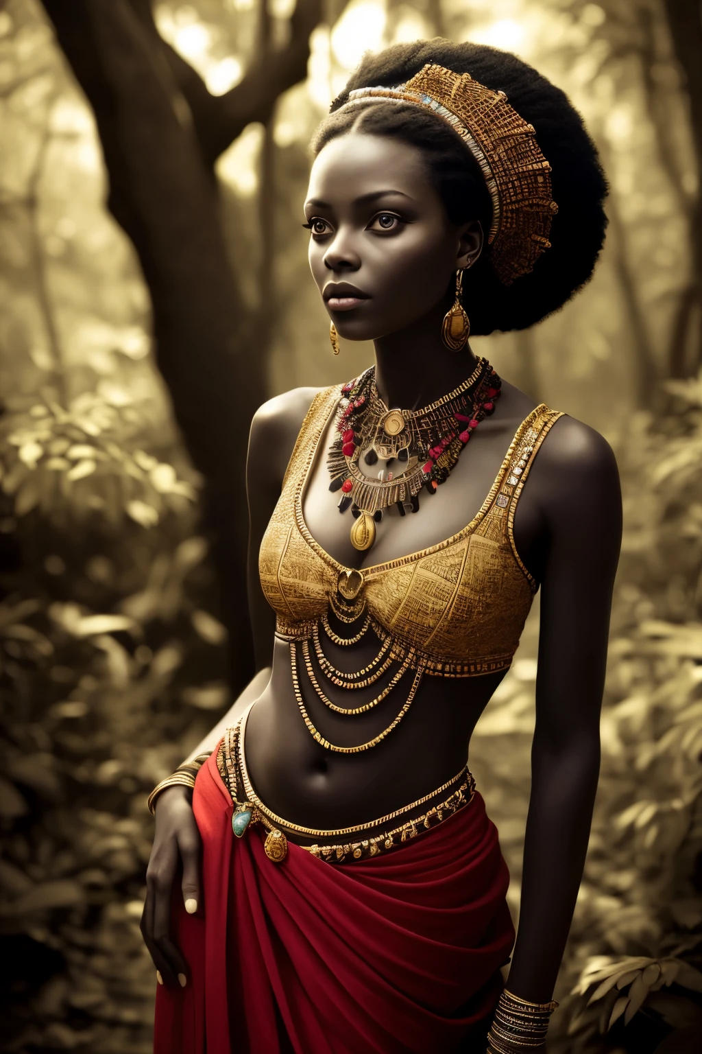In the heart of an enchanting African forest, a stunningly beautiful woman adorned in authentic African clothing and intricately designed tattoos on her face and hands stands with grace. The forest comes alive as leaves fall gently, heralding the arrival of autumn. The scene is rendered in a mesmerizing black and white color grading, adding a touch of timeless elegance to the hyperrealistic image.

The chiaroscuro effect skillfully plays with light and shadow, creating a captivating contrast between the woman and her surroundings. This ultrahigh definition masterpiece, crafted using Unreal Engine, boasts a resolution of 32k and ultra HD quality. The cinematic