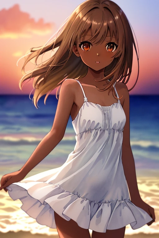 masterpiece, high quality, highres, A girl in a one-piece dress standing on the beach at duskm, The illustration is drawn in watercolor with a pastel color scheme, soft touch color, looking at viewer, portrait, face focus, collarbone, thighs, dark skin, very long brown hair, Each strand of hair is fine, hair between eyes, beautiful and delicate ((brown eye's)), eye's in highlight, catch light eyes, specular highlight eyes, parted_lips, white one-piece dress, sleeveless, okinawa, beach, sunset, magic hour, twilight, bokeh, Blurred Backgrounds, depth of field,