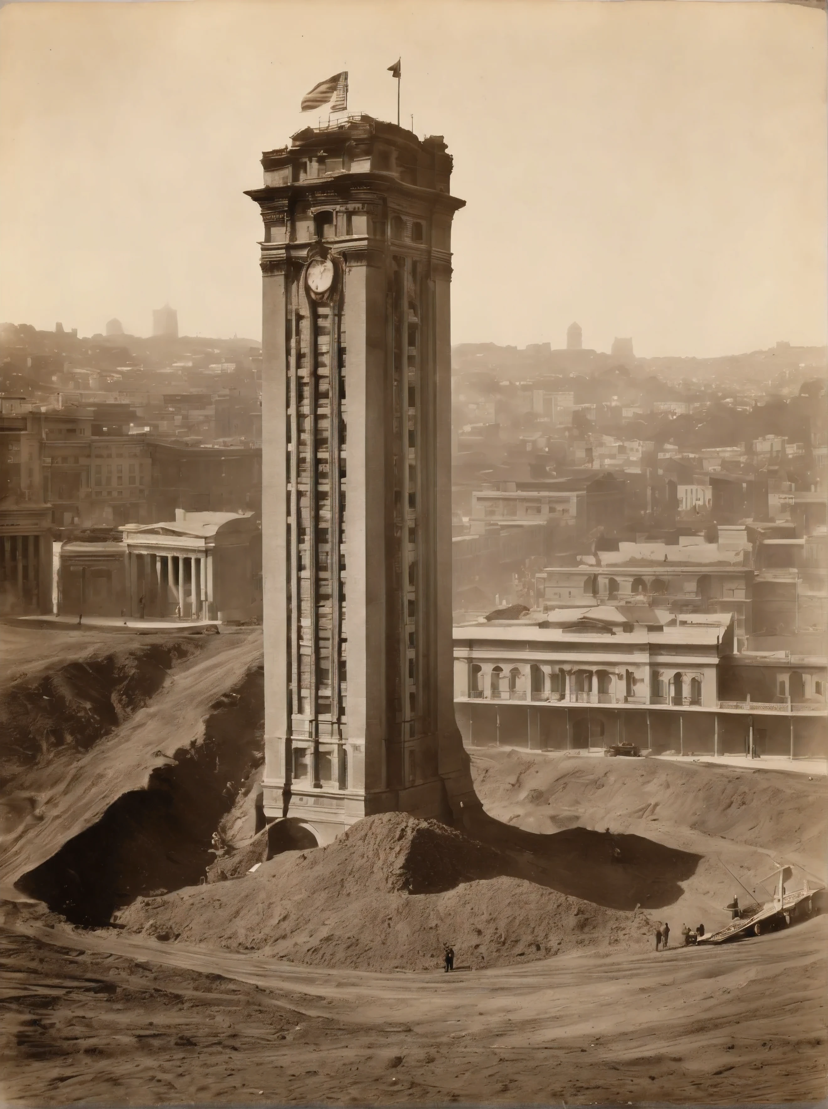 1890 vintage photo showing a cross-section of a large skyscraper with the bottom half is covered in dirt being dug out of the ground.  with tiny construction equipment and crews working to uncover as much as they can. the skyscraper has an architecture that resembles roman, Russian, and Asian all together. the photograph is taken in san Francisco