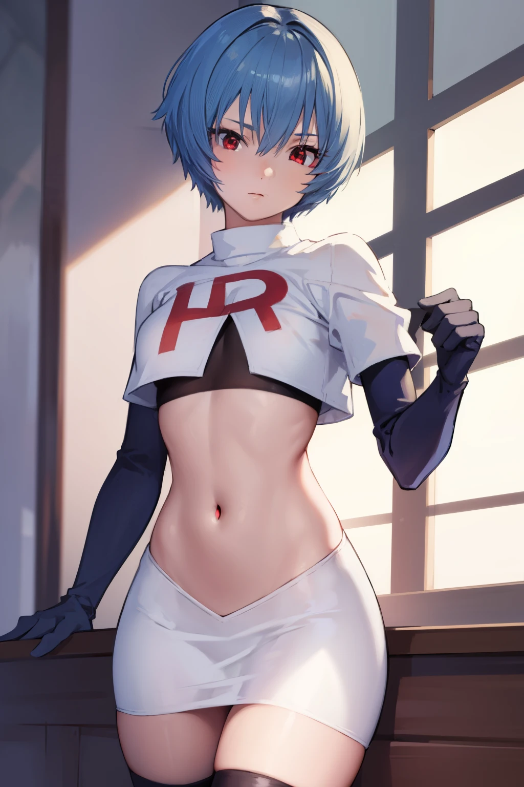 reiayanami, rei ayanami, blue hair, short hair, (red eyes:1.5), (small breast:1.2),
BREAK, headgear, team rocket,team rocket uniform,white skirt,red letter R,crop top,black thigh-highs,black elbow gloves
BREAK looking at viewer, (cowboy shot:1.5),
BREAK (masterpiece:1.2), best quality, high resolution, unity 8k wallpaper, (illustration:0.8), (beautiful detailed eyes:1.6), extremely detailed face, perfect lighting, extremely detailed CG, (perfect hands, perfect anatomy),