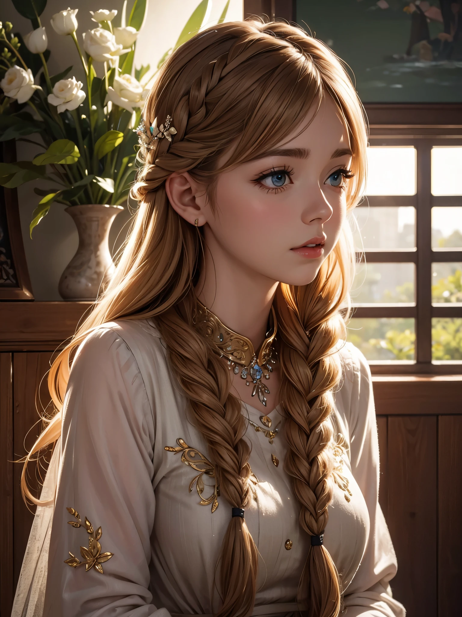 (best quality,ultra-detailed,realistic:1.37),portrait,painting,Jennette McCurdy,noble girl,beautiful half-body portrait,classical braid,bright and clear eyes,floral craftsmanship,crystal accessories,ultra-fine details,soft lighting