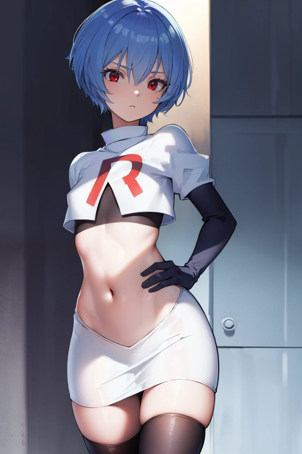 reiayanami, rei ayanami, blue hair, short hair, (red eyes:1.5), (small breast:1.2),
BREAK, headgear, team rocket,team rocket uniform,white skirt,red letter R,crop top,black thigh-highs,black elbow gloves
BREAK looking at viewer, (cowboy shot:1.5),
BREAK (masterpiece:1.2), best quality, high resolution, unity 8k wallpaper, (illustration:0.8), (beautiful detailed eyes:1.6), extremely detailed face, perfect lighting, extremely detailed CG, (perfect hands, perfect anatomy),