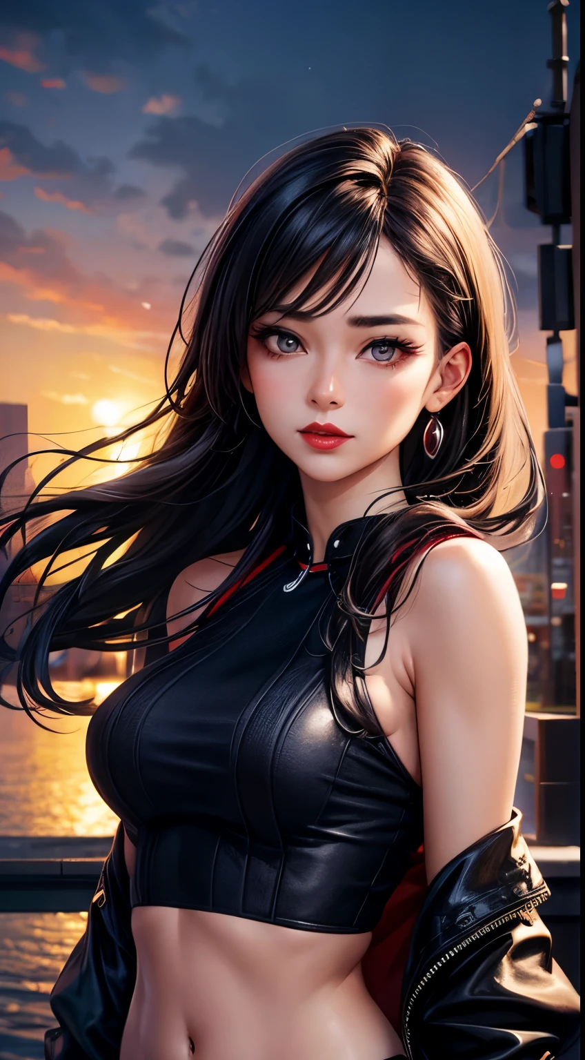 Woman, 30 years, adult, sexy crop top, nigth, soft ligth, red lips, face detail, wide shot, fingers  --style realistic-imagine -