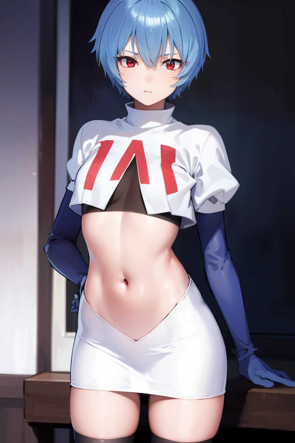 reiayanami, rei ayanami, blue hair, short hair, (red eyes:1.5), (small breast:1.2),
BREAK, headgear, team rocket,team rocket uniform,white skirt,red letter R,crop top,black thigh-highs,black elbow gloves
BREAK looking at viewer, (cowboy shot:1.5),
BREAK (masterpiece:1.2), best quality, high resolution, unity 8k wallpaper, (illustration:0.8), (beautiful detailed eyes:1.6), extremely detailed face, perfect lighting, extremely detailed CG, (perfect hands, perfect anatomy),