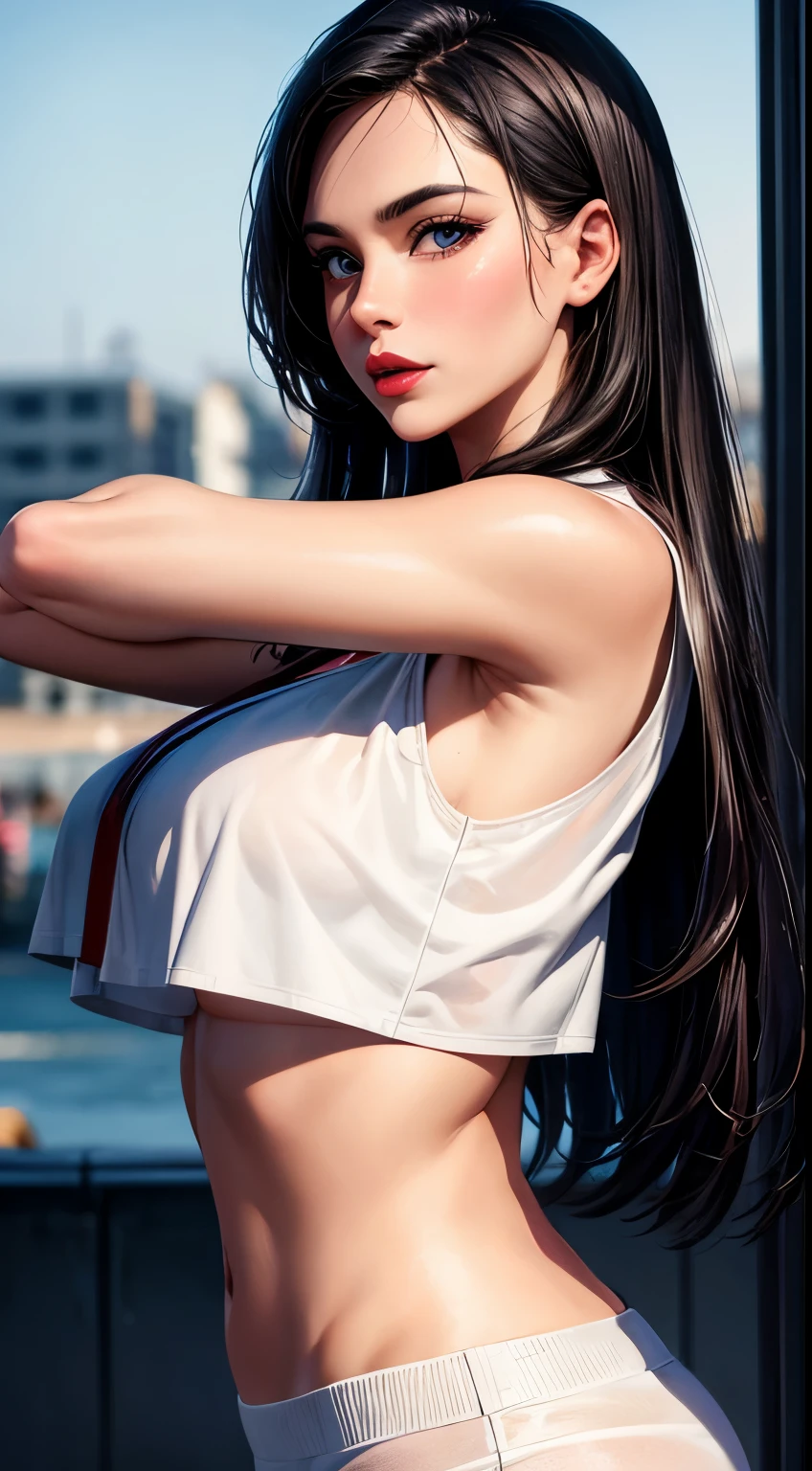 Woman, 30 years, adult, sexy crop top, nigth, soft ligth, red lips, face detail, wide shot, fingers  --style realistic-imagine -