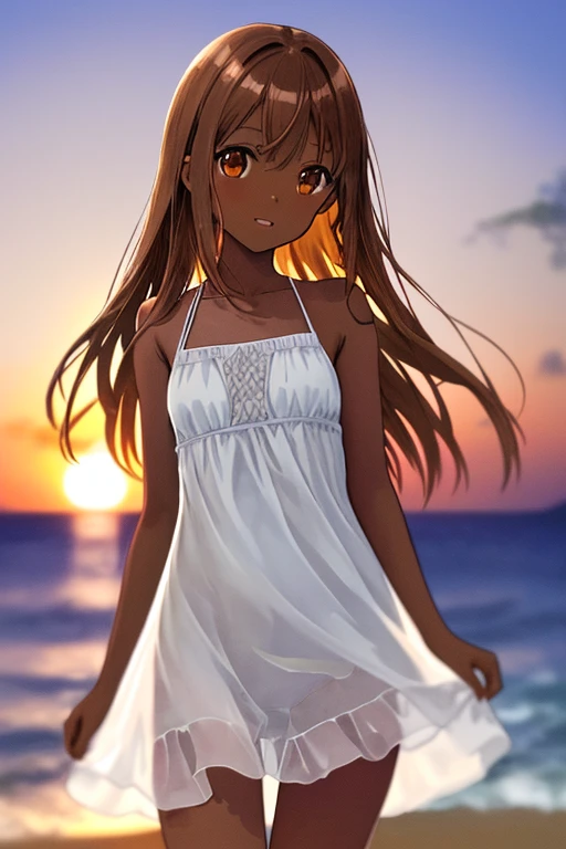 masterpiece, high quality, highres, A girl in a one-piece dress standing on the beach at duskm, The illustration is drawn in watercolor with a pastel color scheme, soft touch color, looking at viewer, portrait, face focus, collarbone, thighs, dark skin, very long brown hair, Each strand of hair is fine, hair between eyes, beautiful and delicate ((brown eye's)), eye's in highlight, catch light eyes, specular highlight eyes, parted_lips, white one-piece dress, sleeveless, okinawa, beach, sunset, magic hour, twilight, bokeh, Blurred Backgrounds, depth of field,