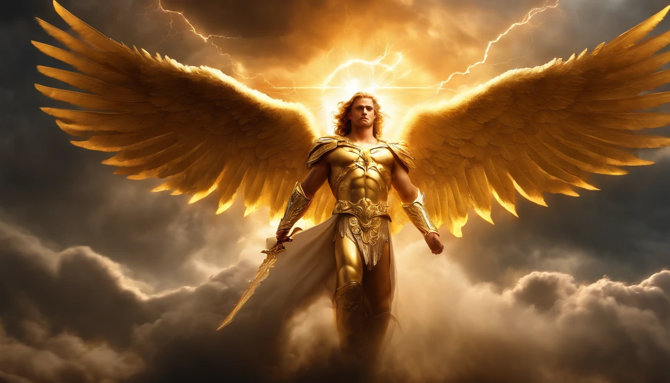 Realistic, golden Angel with big wings, on thw way to ground,The sword, Wearing flames, thunder striking all over his body, white lightning eyes, thunder on his eyes, striking down,in the cloud, background cloud