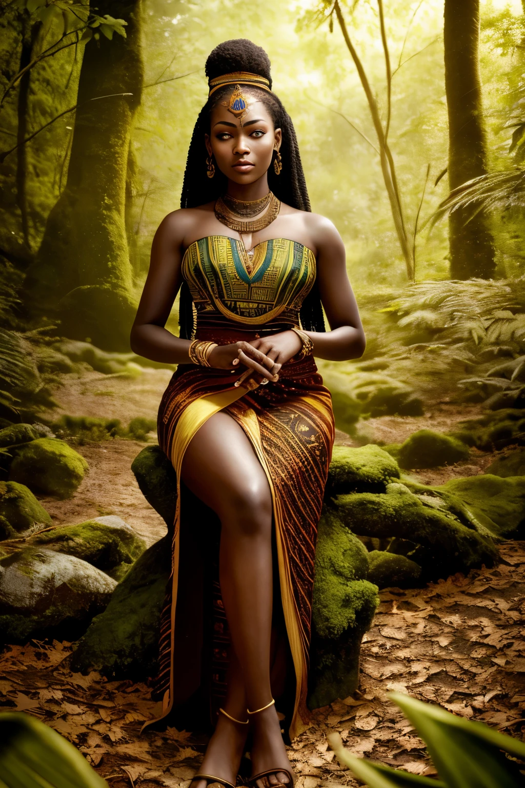 In the heart of an African forest, a stunningly beautiful woman clad in traditional African attire stands with a confidence that radiates through the image. Her facial tattoos, expertly designed in the intricate African style, add an extra layer of allure and mystery to her appearance. A sense of tranquility envelops the scene as autumn leaves gently cascade down, bathing the forest floor in a golden hue. The chiaroscuro effect, with its masterful play of light and shadow, enhances the hyperrealistic textures of the woman's skin and the surrounding vegetation.
Rendered in unreal engine with a 32k, Ultra HD resolution, this captiv