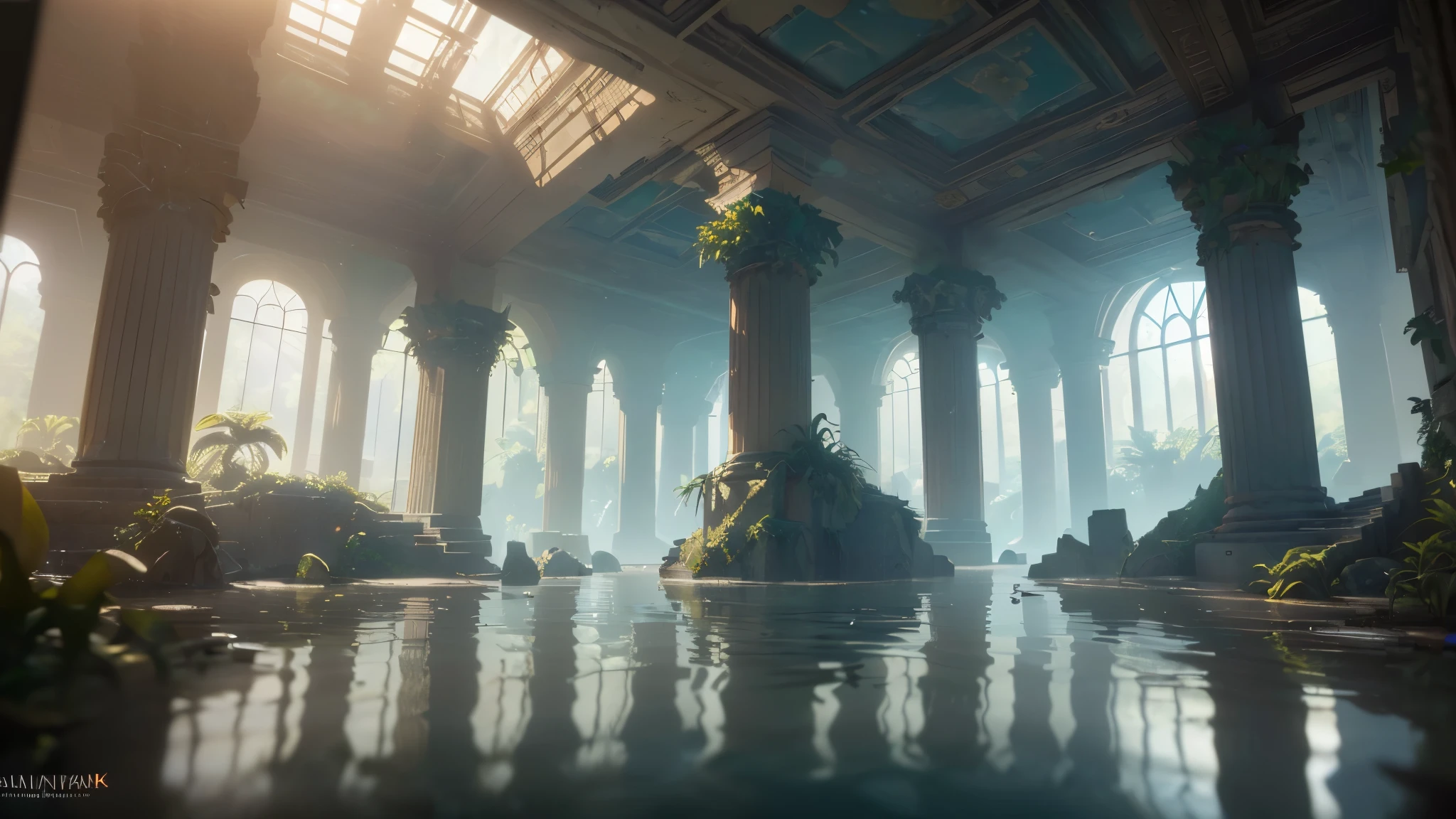 (8k, RAW photo, best quality, masterpiece:1.2), (realistic, photo-realistic:1.37), octane render, ultra high res, ultra-detailed, professional lighting, photon mapping, radiosity, physically-based rendering, ue5, ((island sanctuary)), ((ancient fallen kingdom)), ((reflections in water)), ((raytracing)), ((drowned city))