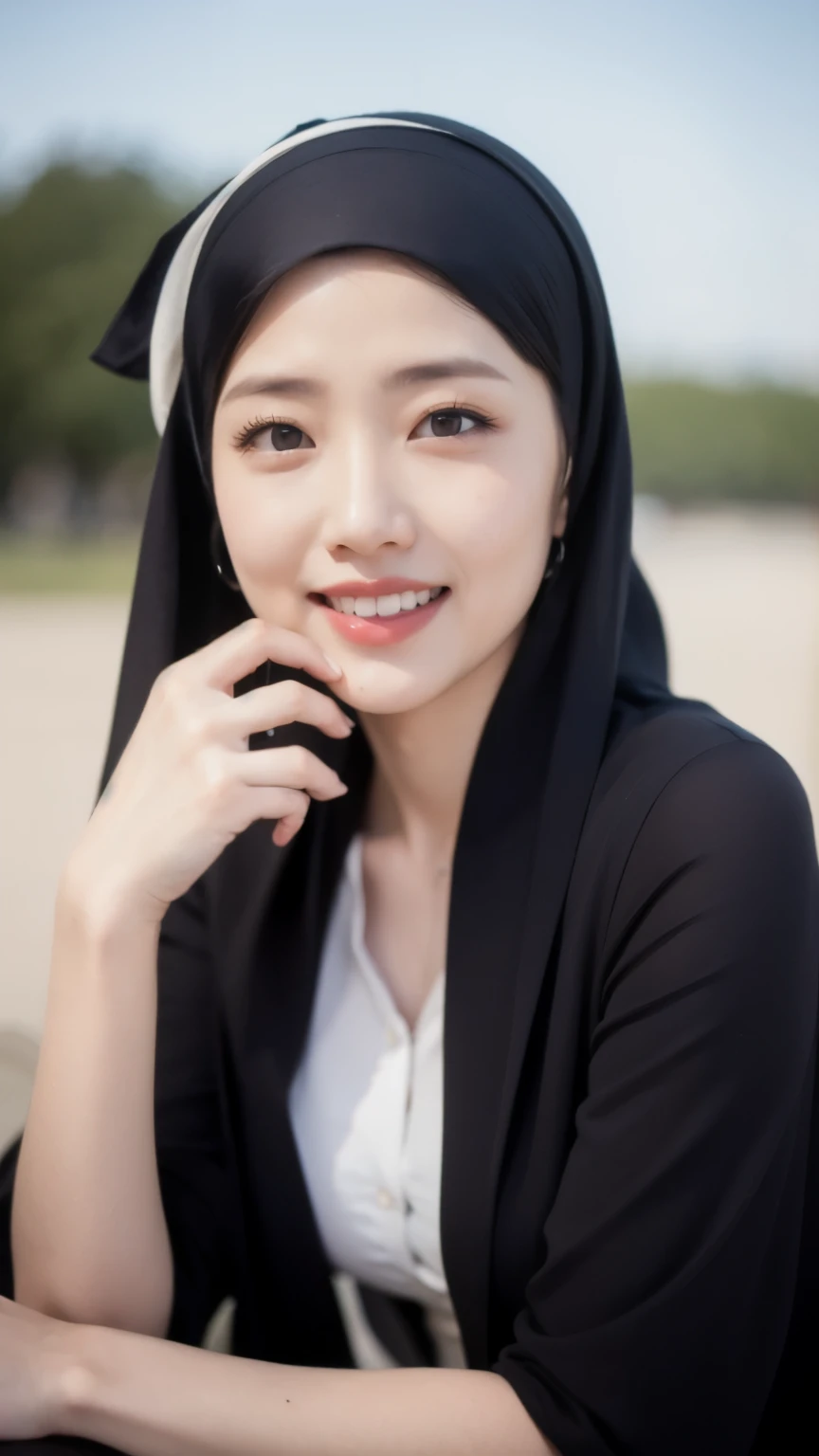 Black hijab collor, ((Best quality, 8k, Masterpiece :1.37)), (wear hijab girls), girls wear hijab, (girls wearing hijab moslem), jewelry accessories, girls' rings, girls' mini necklaces, girls' watches, (taking pictures from face to thighs:1.37), beautiful face, face bukkake, 19 years old girls, hair black, ultra detailed face, ultra detailed body, slim body, lips smile,Beautiful detailed eyes, eyes korean, detailed nose, Natural Lip, ((Lips Smile)), face smile, Wear hijab moslem, fancy jubba thobbe, (photo full body), lview of the blue sky, Slim Body, body erotic, realistic face, backround people hijab
