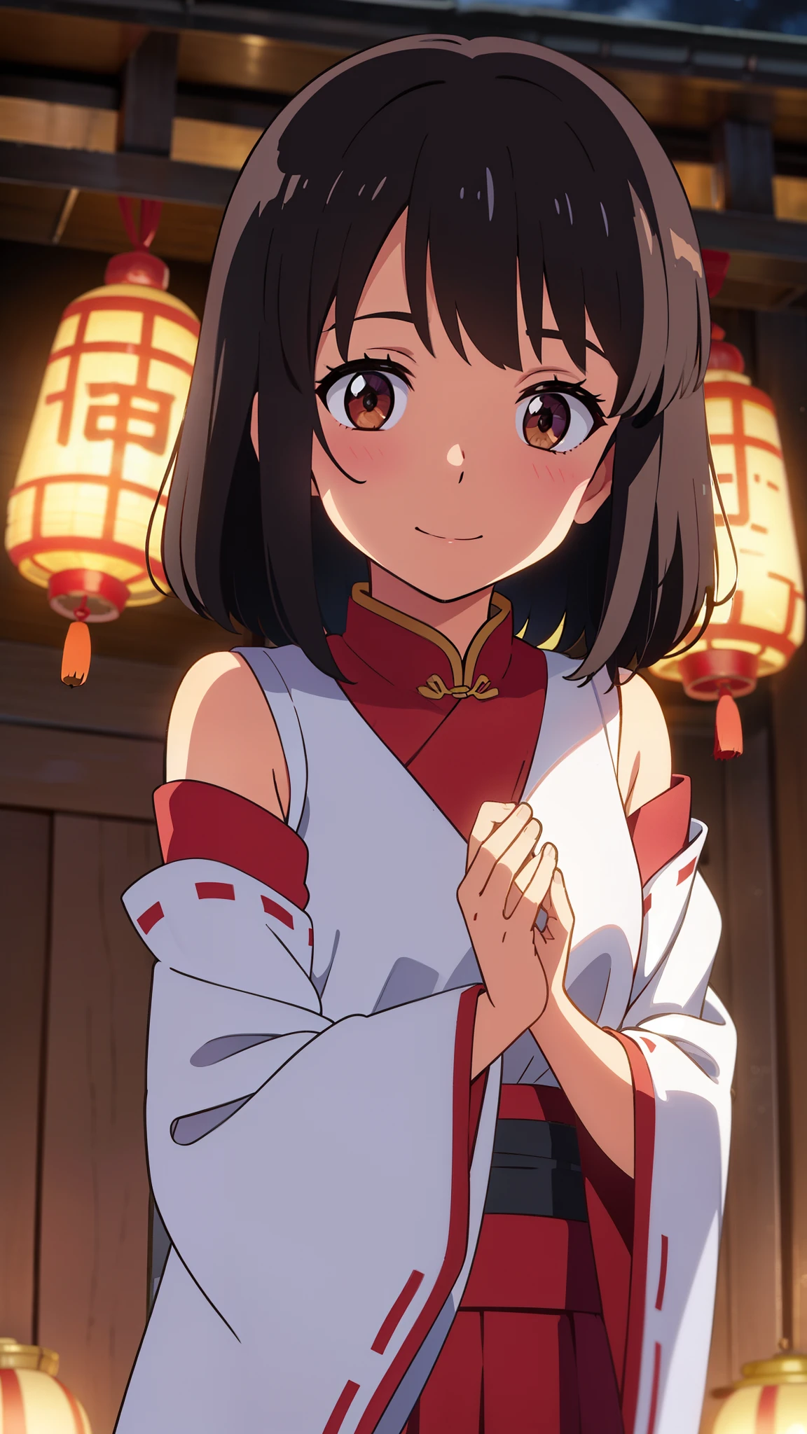 shinkai makoto, kimi no na wa., 1girl, bangs, black hair, blush, brown eyes, shiny skin, smile, cute, shrines, shrine maiden clothes, Off-the-shoulder, looking at the viewer, short hair, solo, chinese-style, chinese buildings, spring flower, red lanterns, lunar new year, outside, day, cloudy, sunlight, upper body, close up