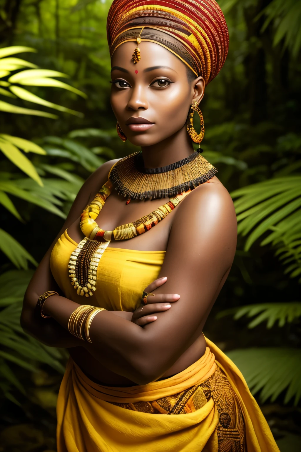 In the heart of an African forest, a stunningly beautiful woman clad in traditional African attire stands with a confidence that radiates through the image. Her facial tattoos, expertly designed in the intricate African style, add an extra layer of allure and mystery to her appearance. A sense of tranquility envelops the scene as autumn leaves gently cascade down, bathing the forest floor in a golden hue. The chiaroscuro effect, with its masterful play of light and shadow, enhances the hyperrealistic textures of the woman's skin and the surrounding vegetation.

Rendered in unreal engine with a 32k, Ultra HD resolution, this captiv