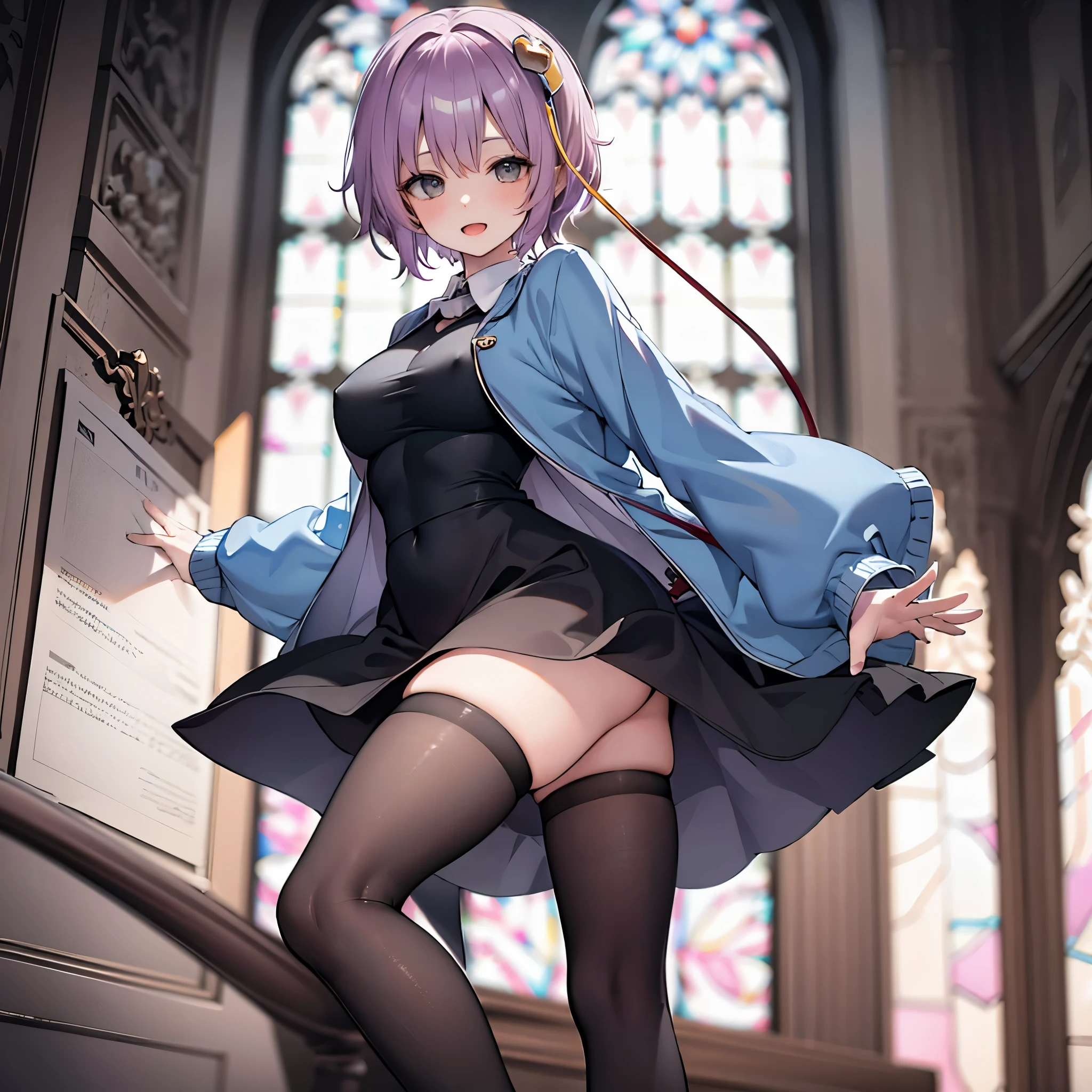 (Satori toho character:1.1), (solo), (standing in church), (stained glass), BREAK, short hair, large perky breasts, (inconceivably short torso), (inconceivably thin waist:1.2), (very long legs), BREAK, (very short cropped jacket:1.4), (black thighhighs:1.35), (very short black one-piece skirt:1.35) cinches waist too tight, BREAK, nose blush, sad smile, open mouth, BREAK, masterpiece, ultra-detailed, ultra high resolution, full body