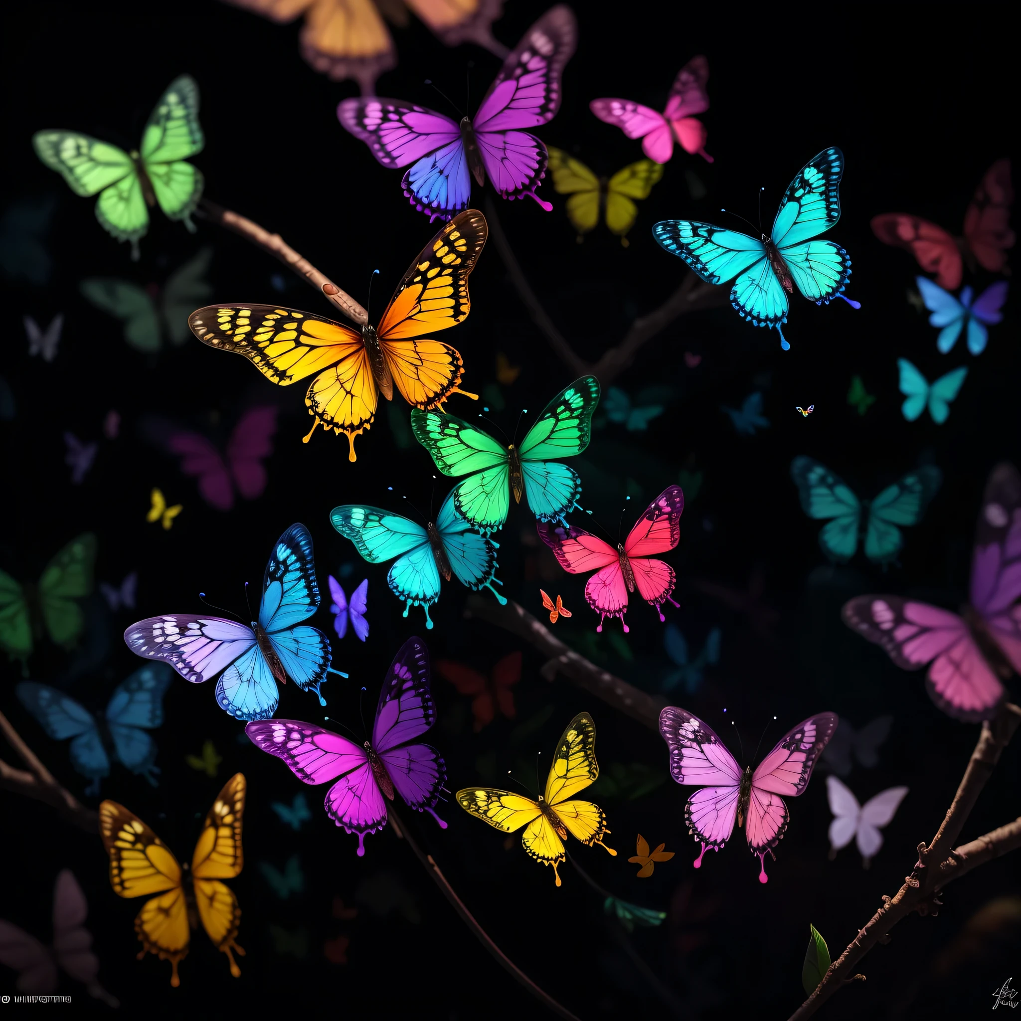 octane render, hdr, (hyperdetailed:1.15), (soft light, sharp:1.2), 1 heart, many butterflies, ultra detailed wings, thick rainbow of butterlies, rainbow painting drops, paint teardrops, splat, splash, colored rainbow turning into paint, butterflies turning into paint, ultra detailed texture, rainbow paint, rainbow flowers, paint drops, ornaments, outdoors, blooming trees, butterfly