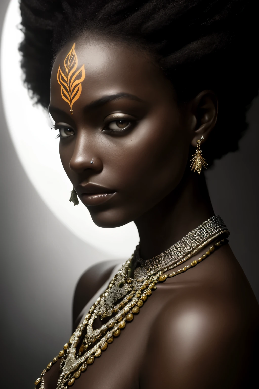 In the heart of an autumnal forest, a stunning African woman, adorned in traditional attire and bearing intricately designed tattoos on her face and hands, stands as a beacon of beauty and strength. The scene is bathed in a black and white color grading, amplifying the chiaroscuro effect and the ethereal visuals. With leaves falling gently around her, creating a tranquil yet enigmatic atmosphere, this hyperrealistic image is meticulously rendered in 32k ultra HD using Unreal Engine, bringing every detail to life in stunning definition. The cinematic lighting casts dramatic shadows, accentuating the woman's features and the textures of her clothing,
